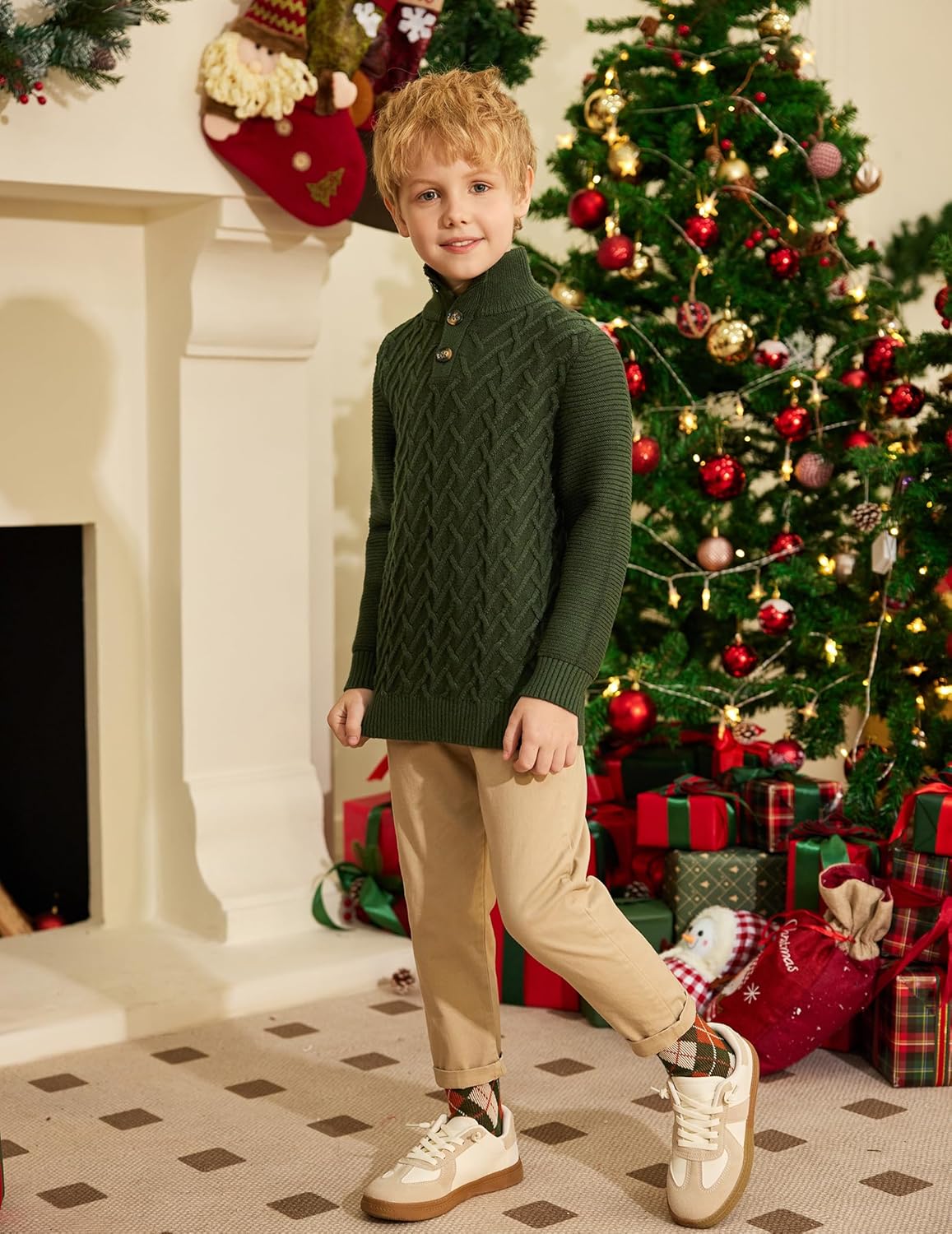 Boys Turtleneck Sweater Long Sleeve Cable Knit Button Up Pullover Winter Warm Tops for Kids 4-13 Years - Image 5