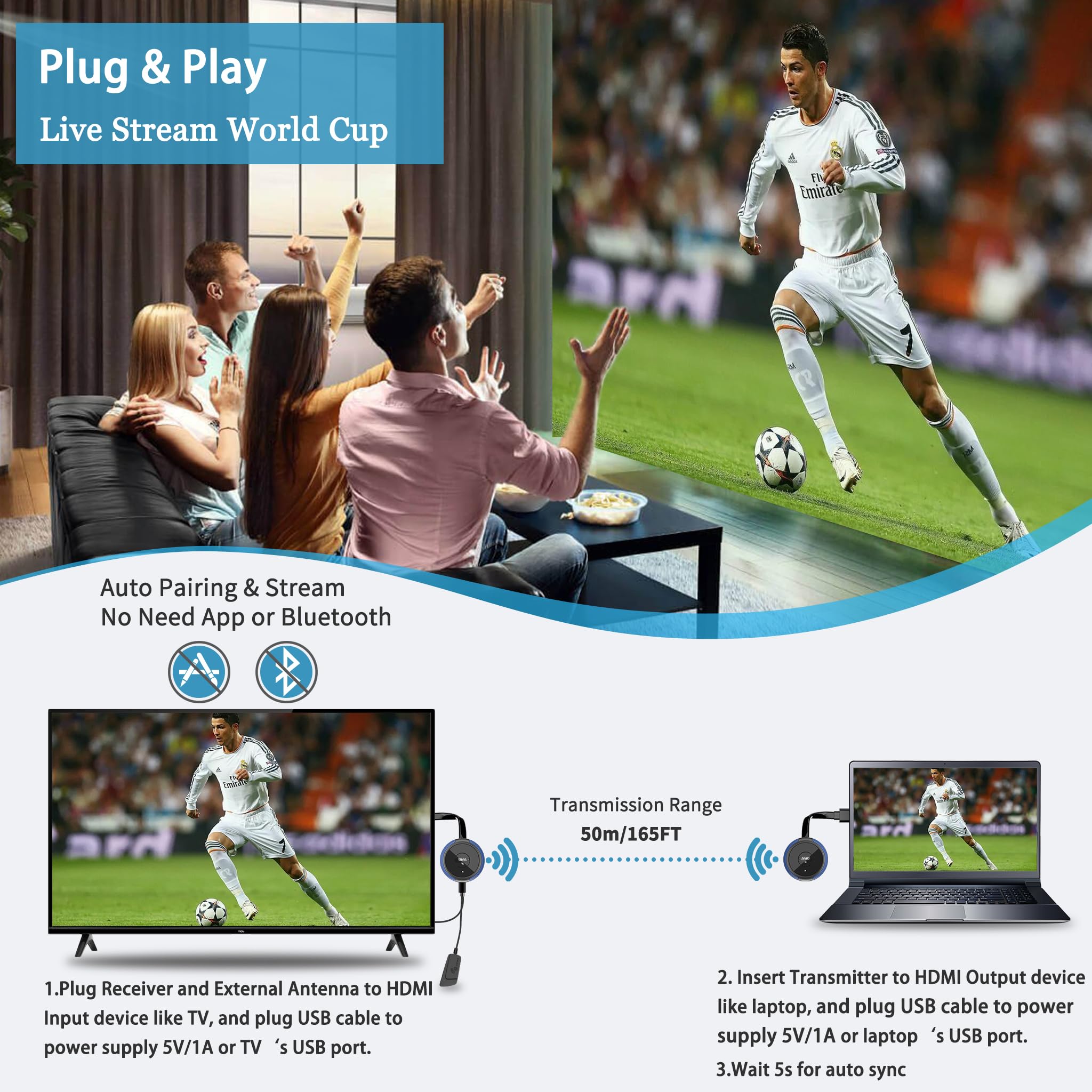 Wireless HDMI Transmitter and Receiver 5.8G - HDMI Funkübertragung 4K-Dekodierung Kabellos Sender und Empfänger, für Audio Video von Laptop/TV Box/Kamera/USBC/PC auf Fernsehen/Beamer/Monitor