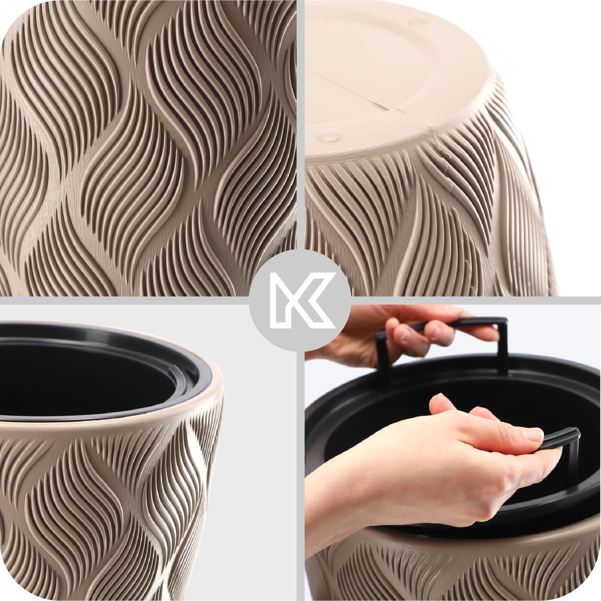 KADAX Blumentopf mit Einsatz und Griffen, Pflanzkübel aus Kunststoff in 5 Größen, UV-Resistenter Topf, Wetterbeständige Pflanzvase hoch, Topf mit 3D Effekt (Beige Höhe: 58,5 cm)