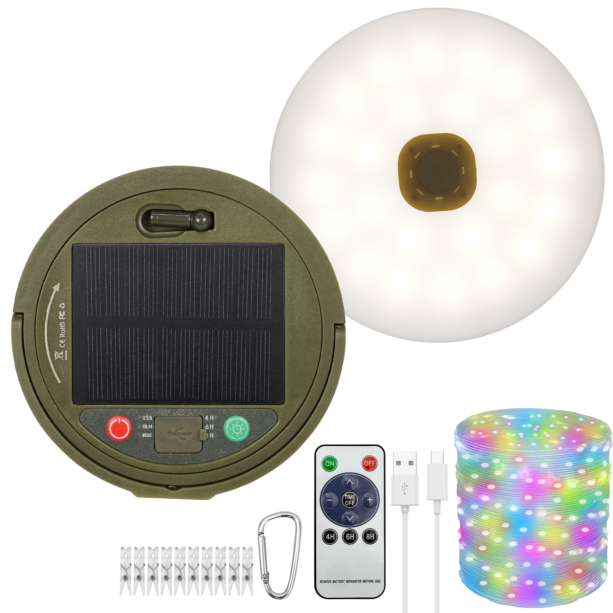 plainshe 10m Retractable Solar Camping String Lights,USB Rechargeable,1800mAh Battery,8 Lighting Modes,IP44 SplashProof, Stowable Portable for Camping,Tents,RV,Garden (RGB/Solar and USB Charge)
