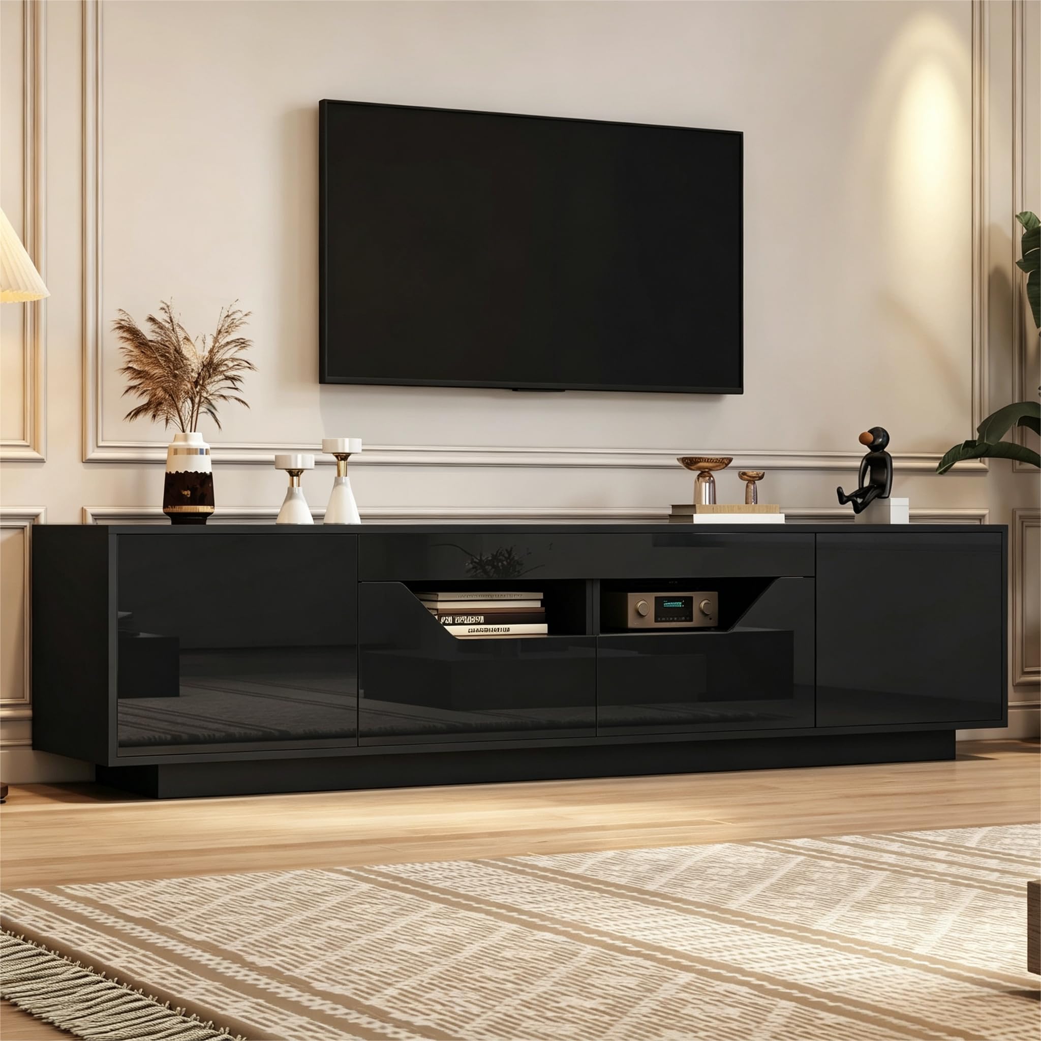 Szafka pod telewizor stojąca, 180 x 40 x 45 cm, z 2 szufladami i 2 szafkami, szafka pod telewizor o wysokim połysku z diodami LED, szafka pod telewizor, nadaje się do telewizorów 75", czarna