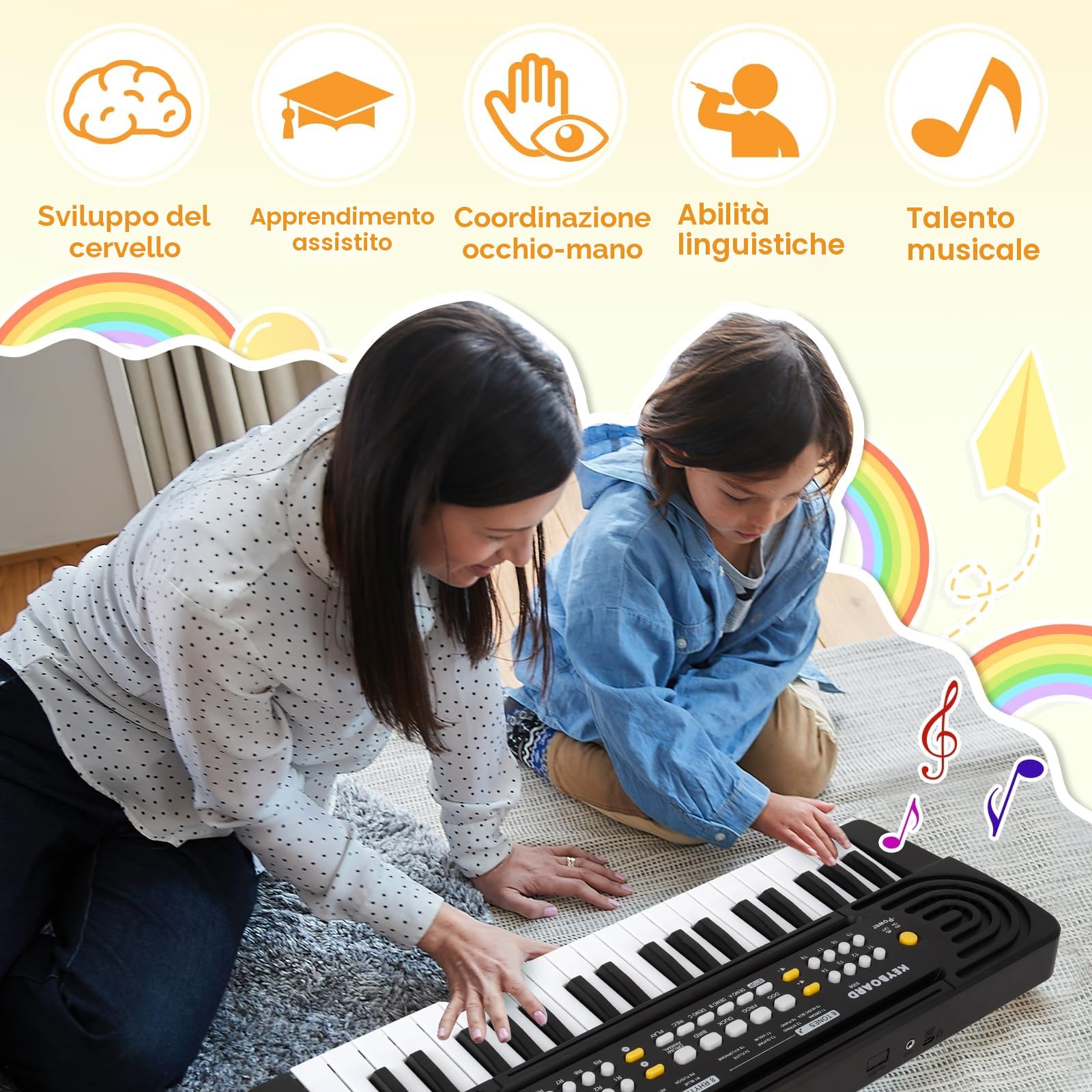 Pianola Scuola Media Bambini, Shayson Tastiera 37 Tasti, Elettronica Digitale Musicale Tastiera Giocattolo Multifunzione, Portatile, con microfono, Educativo, Regalo 3+Anni, Nero, 40*18*6CM