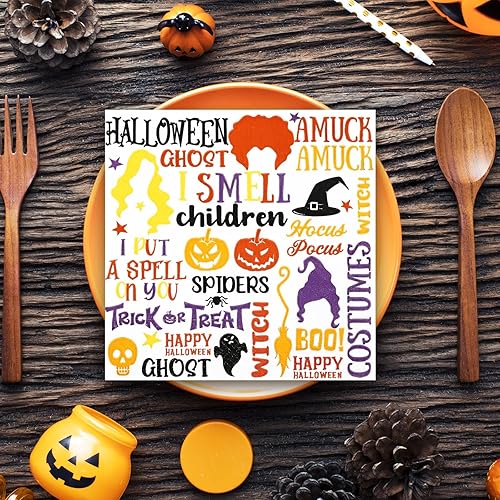Miniatura 6 de Whaline Paquete de 80 servilletas de Halloween de 6.5 pulgadas, servilletas de bruja Hocus Pocus, desechables, coloridas servilletas de papel para