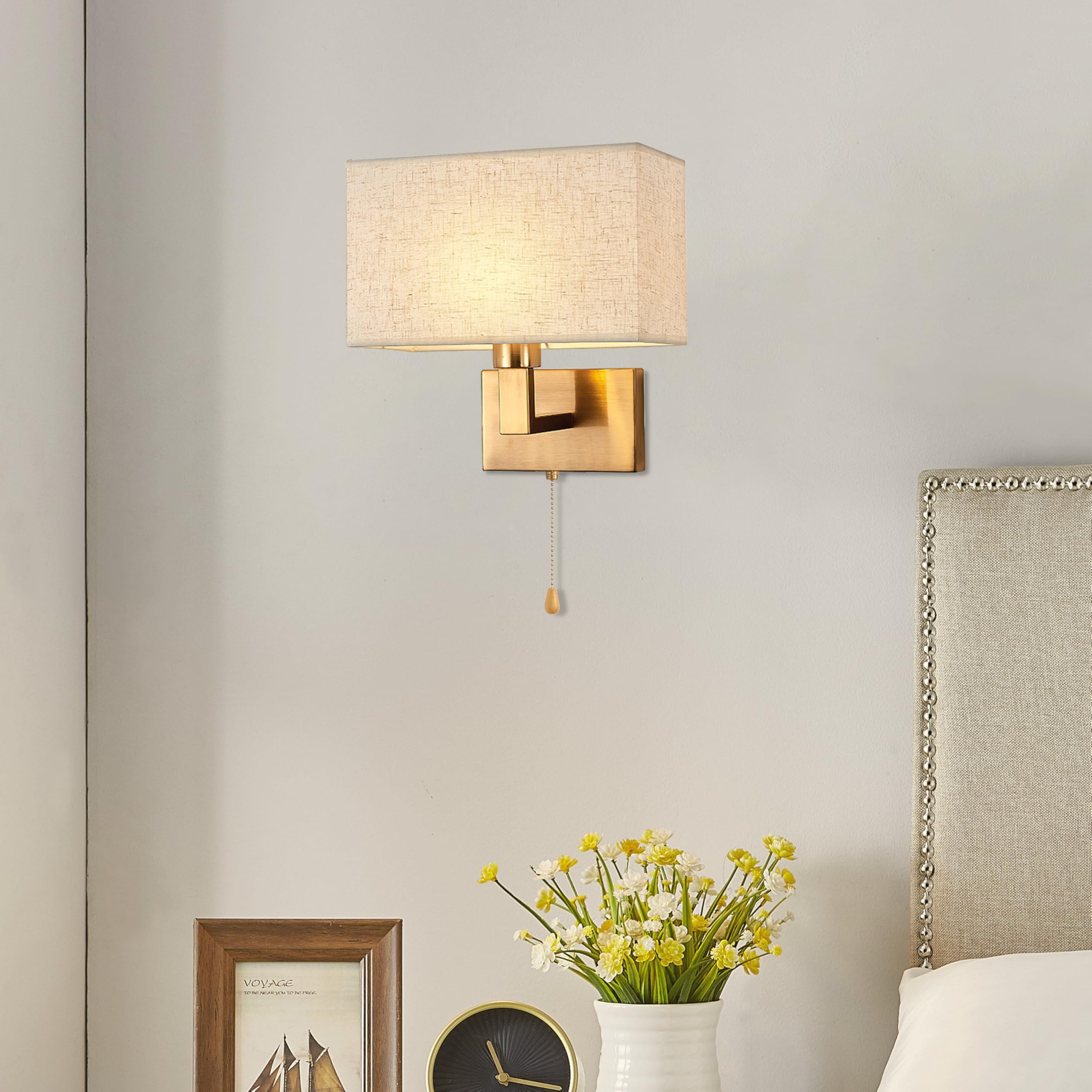 2 Stücke Wandleuchte Innen Gold mit Schalter | Wandlampe Schlafzimmer Vintage Wandlampen mit Zugschalter, E27 Nachttischlampe Wand mit Stoffschirm für Flur Bett Wohnzimmer