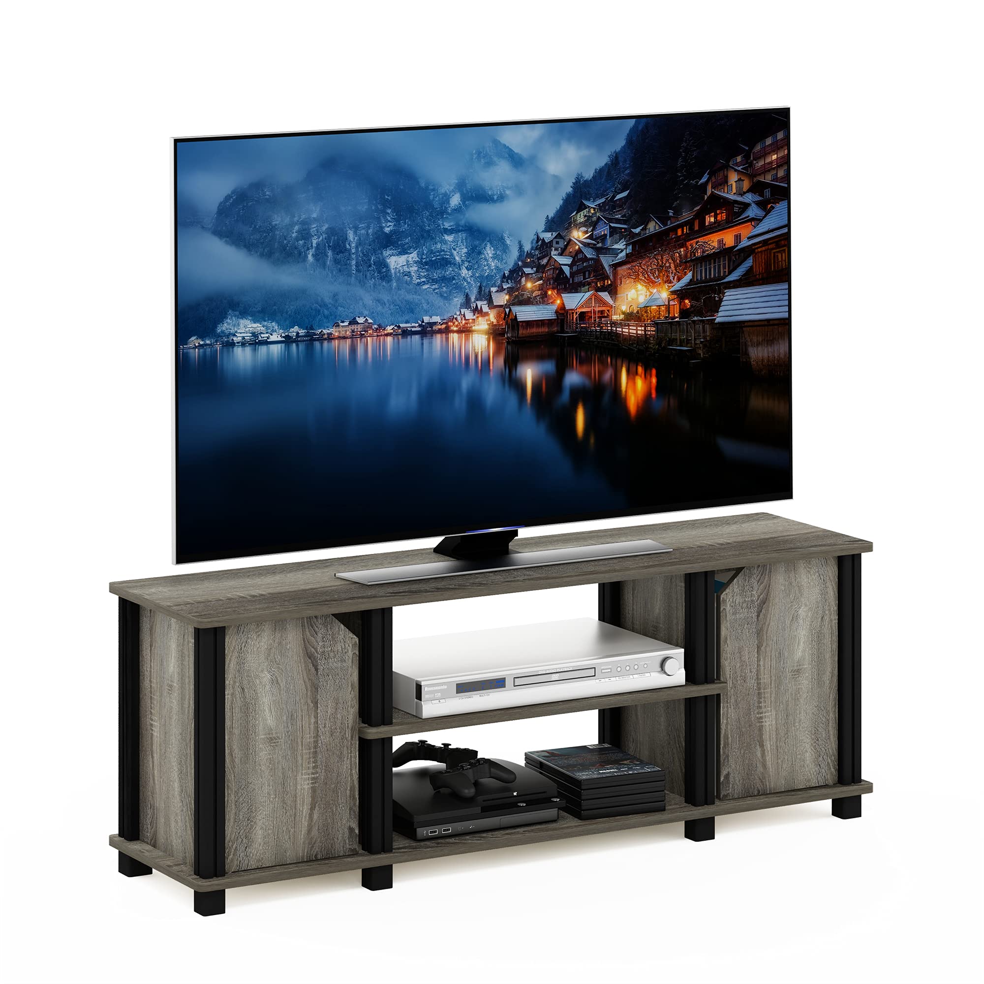 Furinno Brahms Meuble TV avec étagères et Rangement, Bois, Chêne français/Noir, 111,2 (L) x 40,6 (H) x 29,7 (P) cm