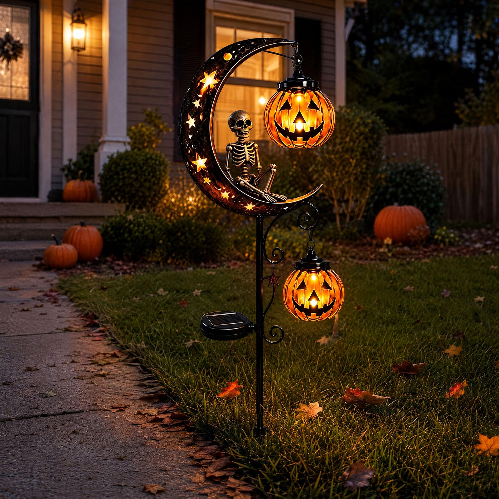Solar Halloween Ghost & Pumpkin Moon Garden Stake Light