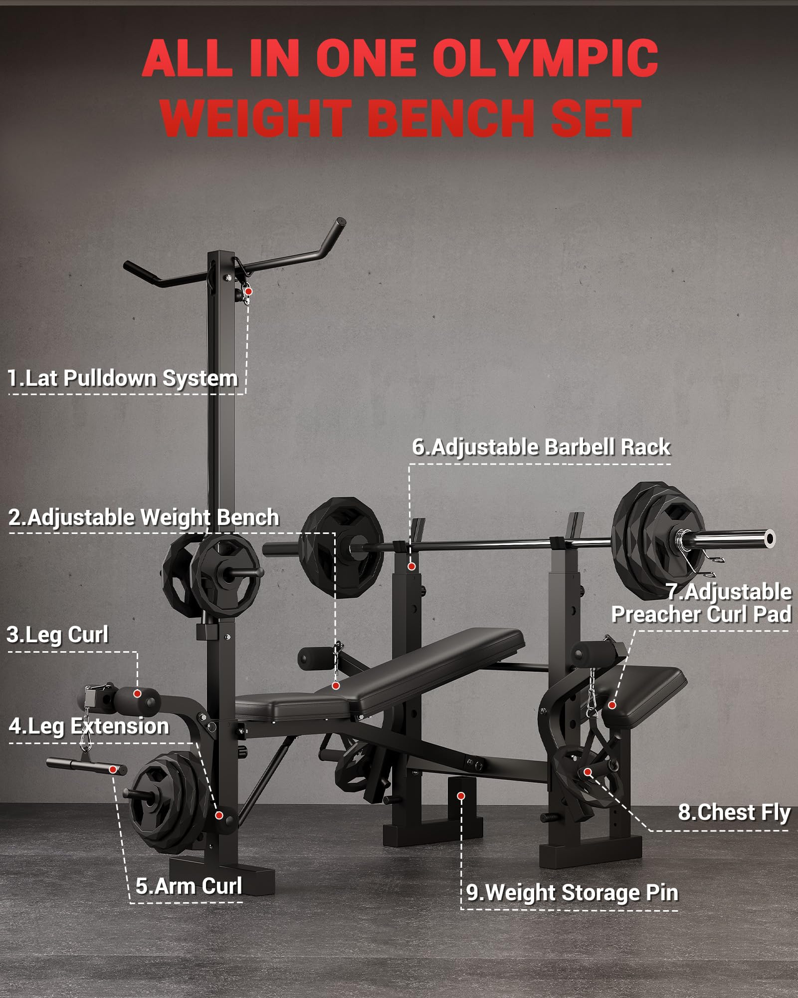 8-in-1 Weight Bench Set for Home Gym, Foldable Workout Benchs | With Preacher Curl Pad, LAT Pulldown and Leg Extension Leg Curl, Bench Press for Full Body Exercise