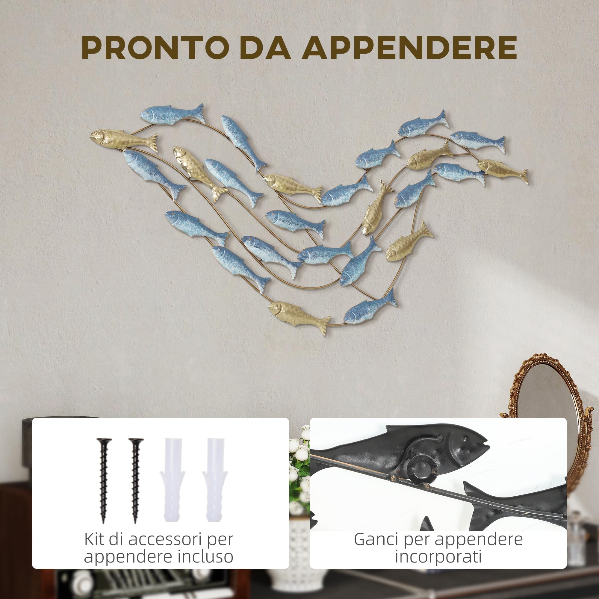 HOMCOM Decorazione Parete di Banco di Pesci con Viti Incluse per Casa e Ufficio, Wall Decor in Metallo, 99.7x3.8x50.2 cm, Oro e Blu