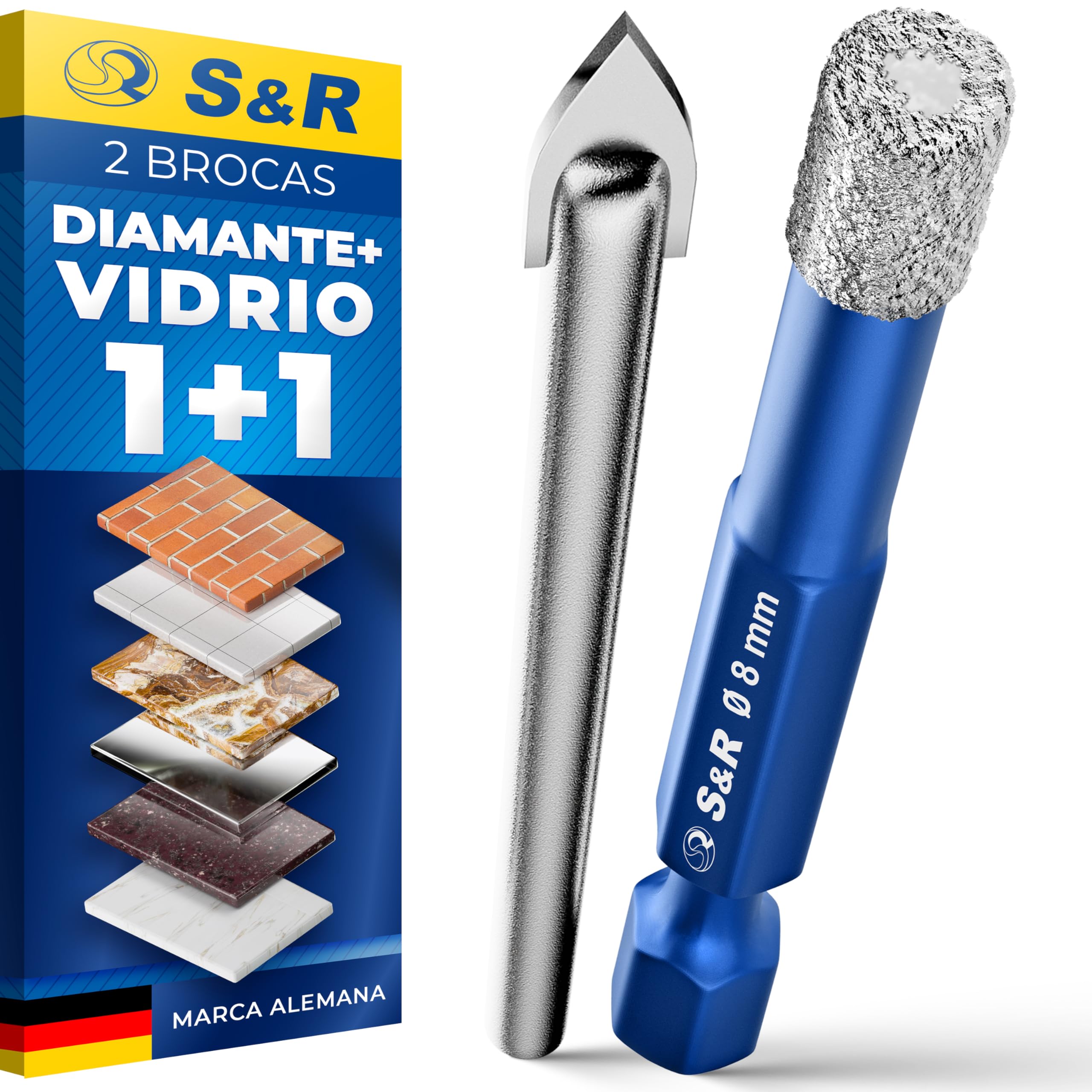 S&R Brocas de Diamante de 8 mm- Juego de 2: 1 Broca Porcelanico 8mm + 1 | Broca de carburo de vidrio para Gres cerámico Azulejos Mármol Vidrio Cerámico Granito