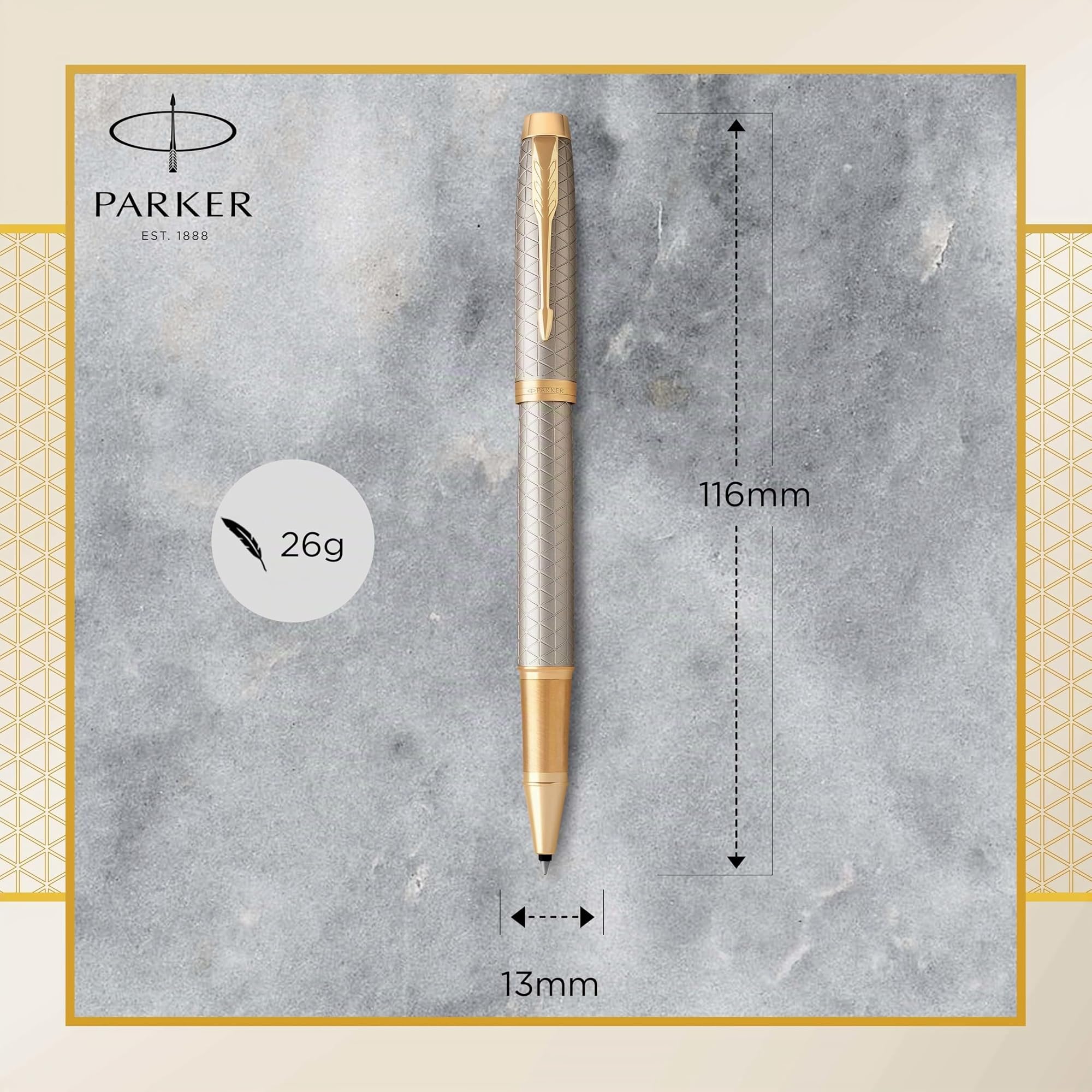 Parker IM Bolígrafo Roller | Punto fino | color plata premium con adorno dorado | tinta negra | en estuche de regalo