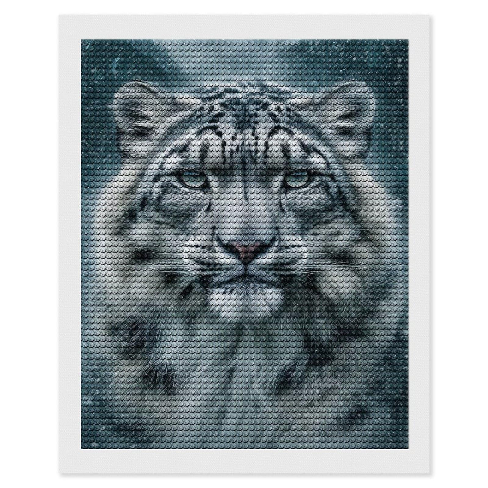 Junmoney Snow Leopard Majesty Full Drill Diamond Painting Kit 16"x20", Sparkling Round Gems, Decorate Your Room, Mindful Craft Activity
