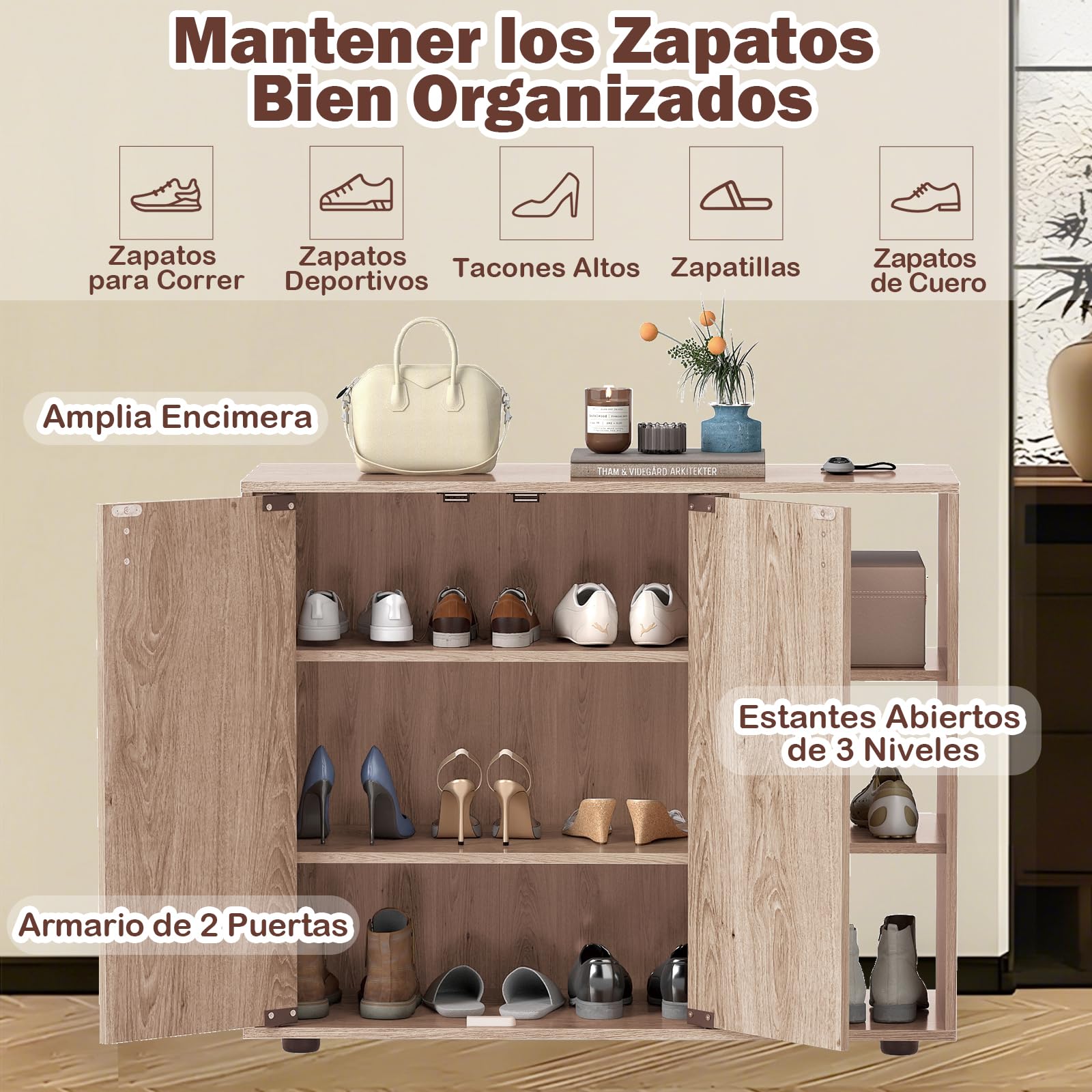 COSTWAY Zapatero Entrada Recibidor, 2 Puertas, Mueble Zapatero de 3 Niveles con Estantes Ajustables, Mueble Auxiliar Madera Entrada Pasillo Salon, 80 x 31 x 64,5 cm (Natural)