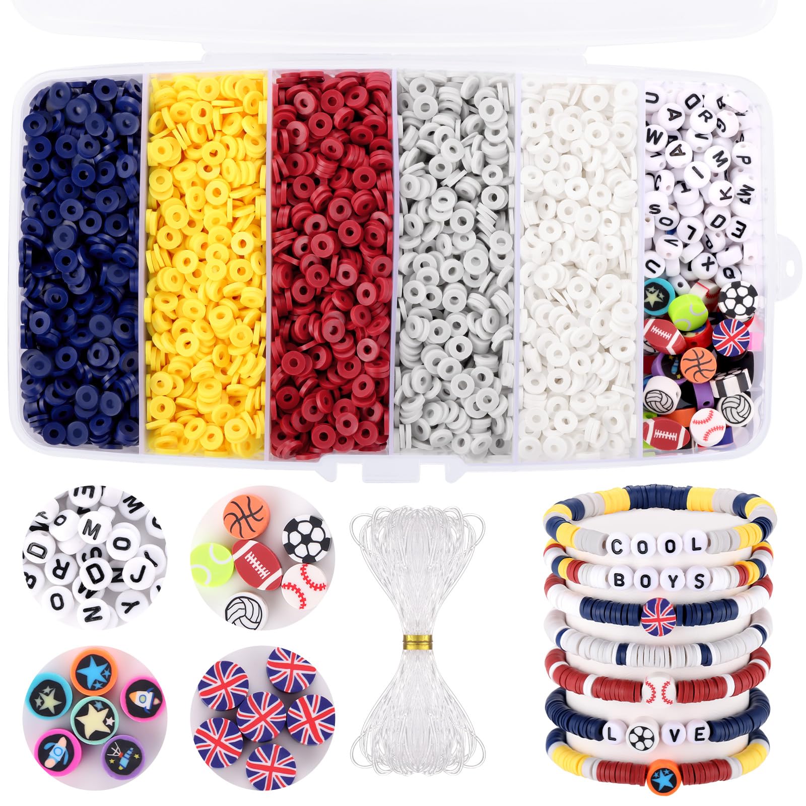 Funtopia Red Blue and White Clay Beads, Beads for Bracelet Making, 5000 Pcs Heishi Flat Round Beads, Friendship Bracelet Kit with Letter Beads Sports Beads for Boys Adults