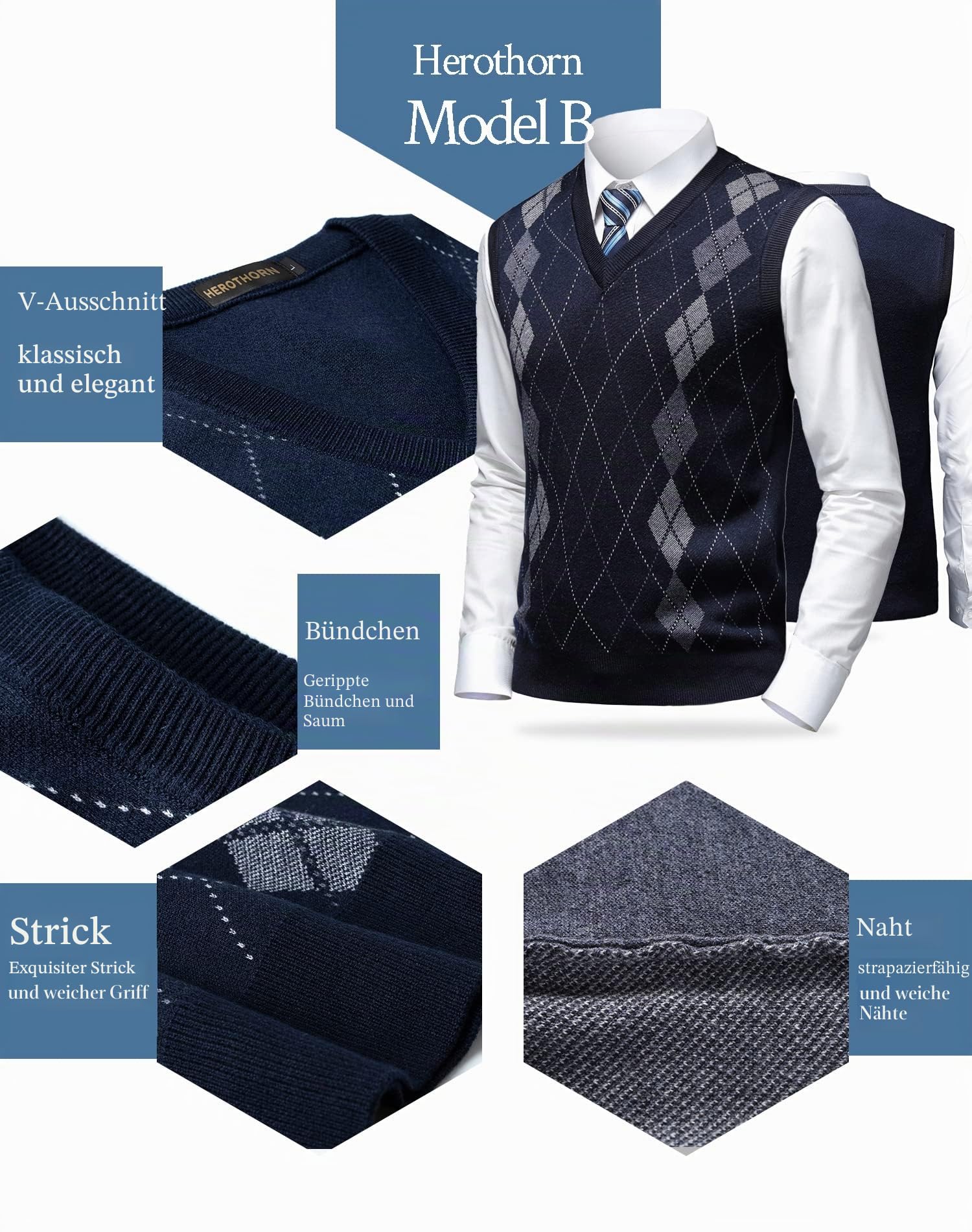 Herren Business West Ärmellose Pullunder Slim Fit Strickweste Argyle V-Ausschnitt Pulloverwestee Herbst Winter Wollweste für Männer