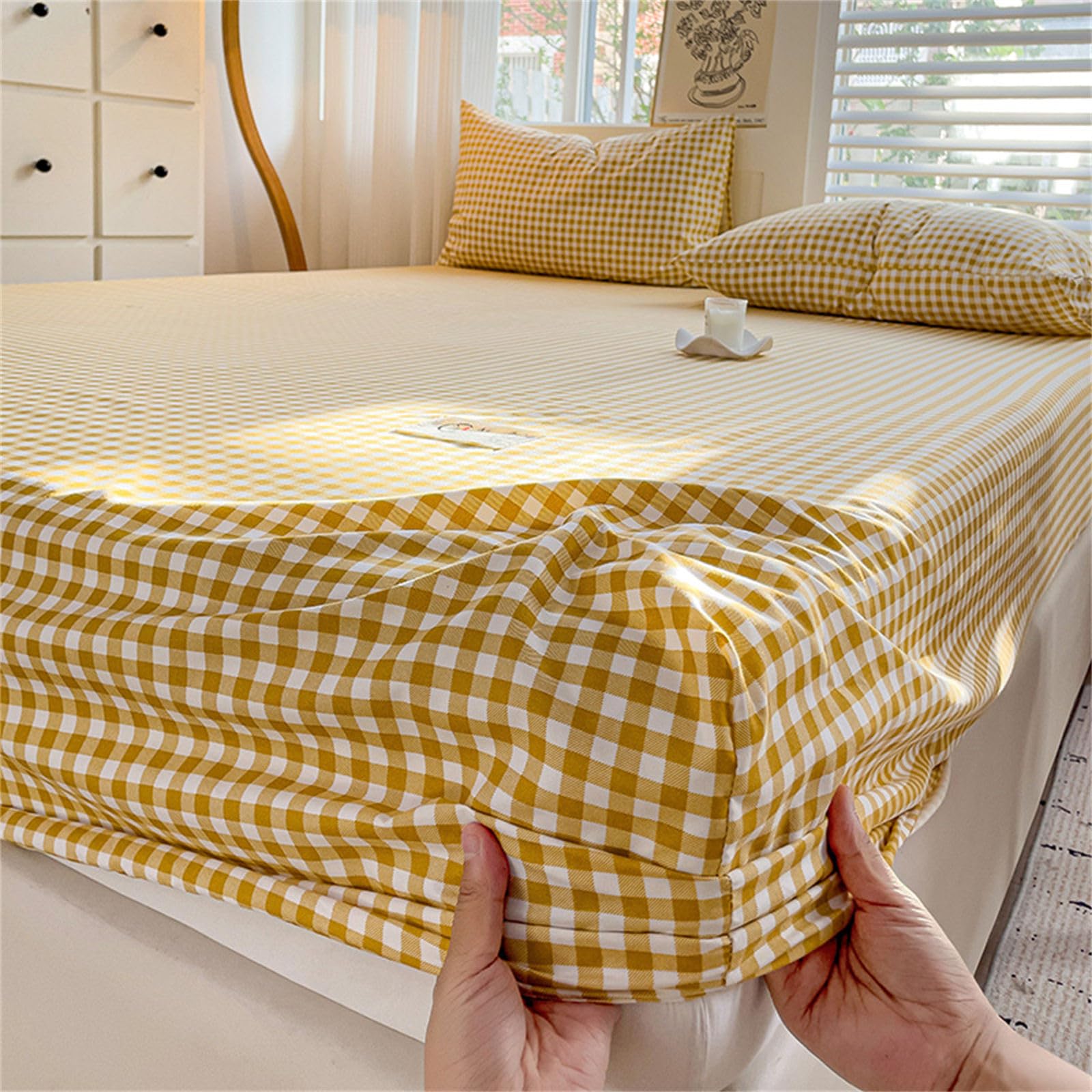 Odot Plaid Fitted Sheet Single Double King Size Bed, All Around Elastic Fitted Sheet Deep Pocket Fitted Sheets Microfibre Bed Sheets Fade Resistant Fitted Bed Sheet (150x200+25cm,Yellow Gingham)