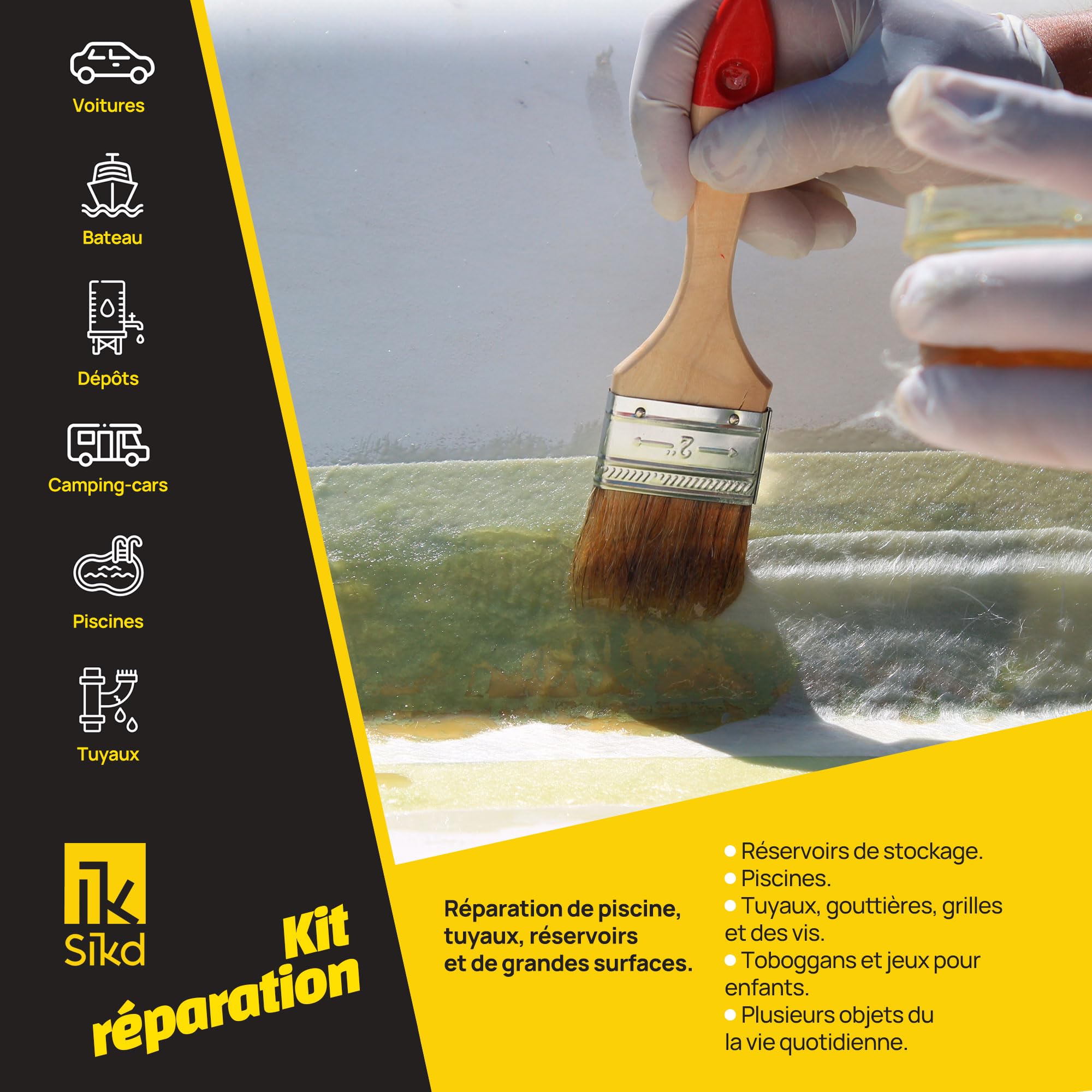 Sikd - Fibre de verre, resine polyester et durcisseur. Kit de réparation pour Bateaux, piscines, réservoirs, caravanes, tuyaux, carrosseries…