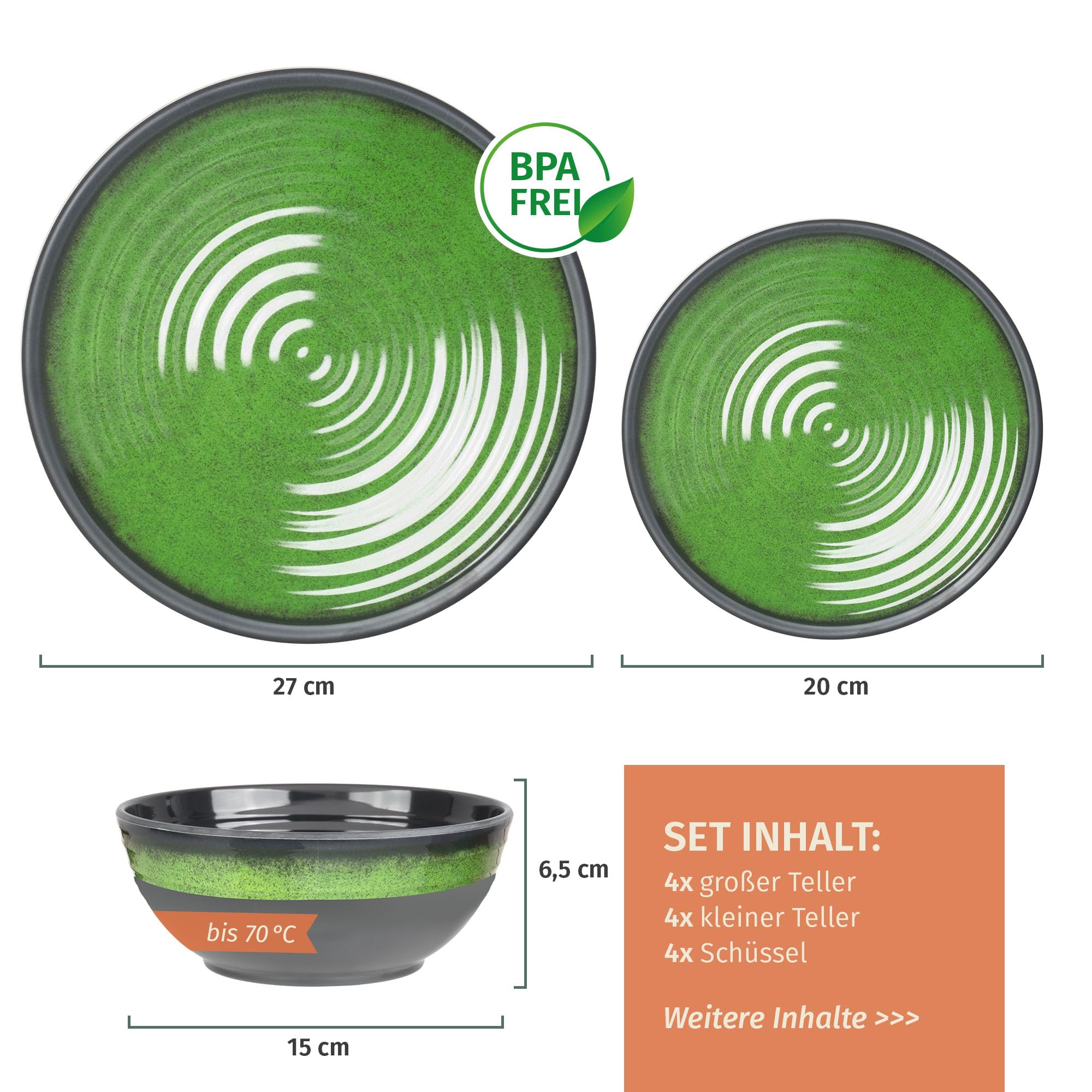Vajilla de melamina para camping, 4 personas, color verde piedra + 16 vasos Milano, copas de vino, copas de champán, vajilla de pícnic, barbacoa