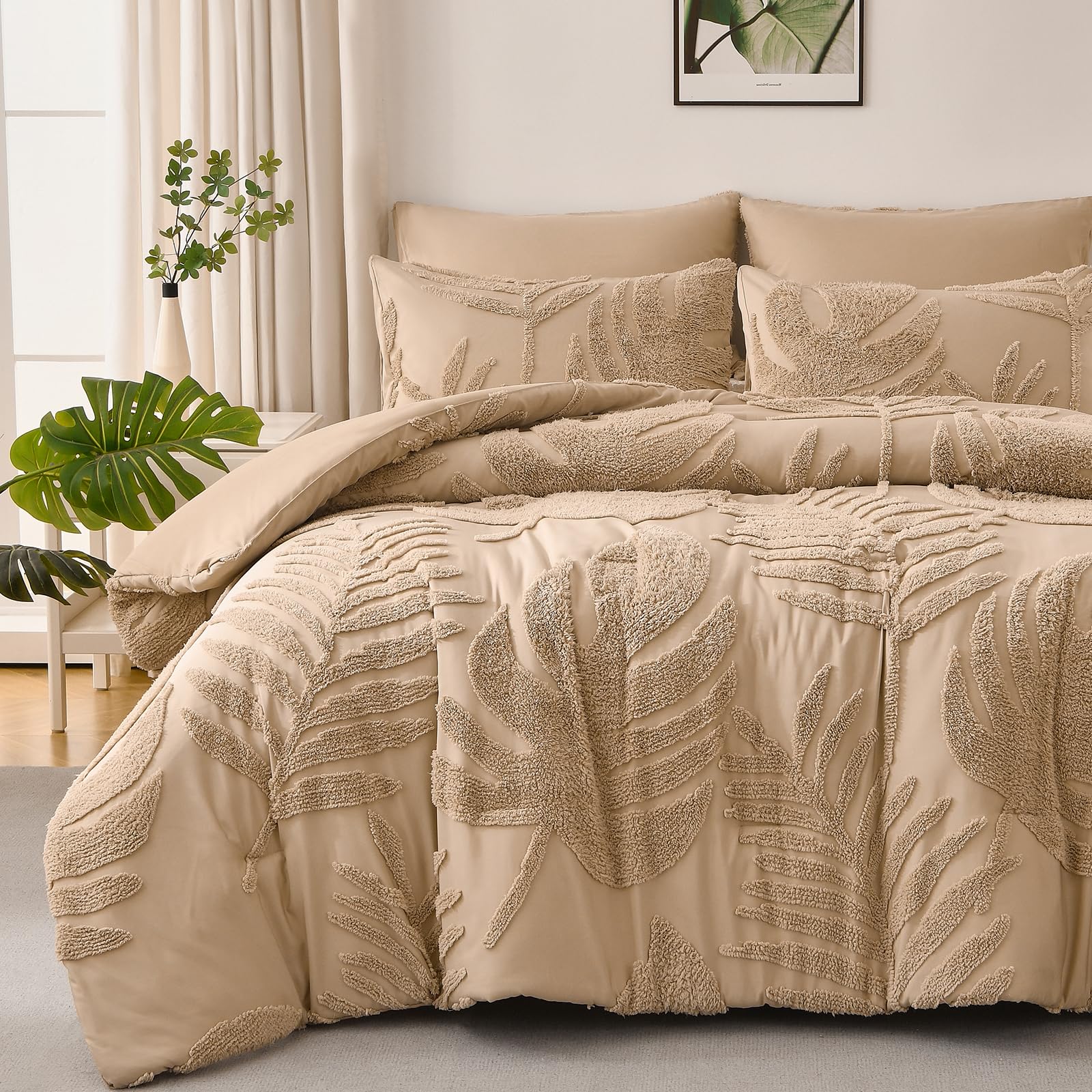Photo 1 of [Item is Dirty] FLYMME Ivory King Comforter Set,Boho Soft Warm Tufted Neutral Bed in a Bag,Lightweight Fluffy All Seasons Bedding with Botanical Palm Leaf Pattern,3 Pieces (Comforter&2 Shams)