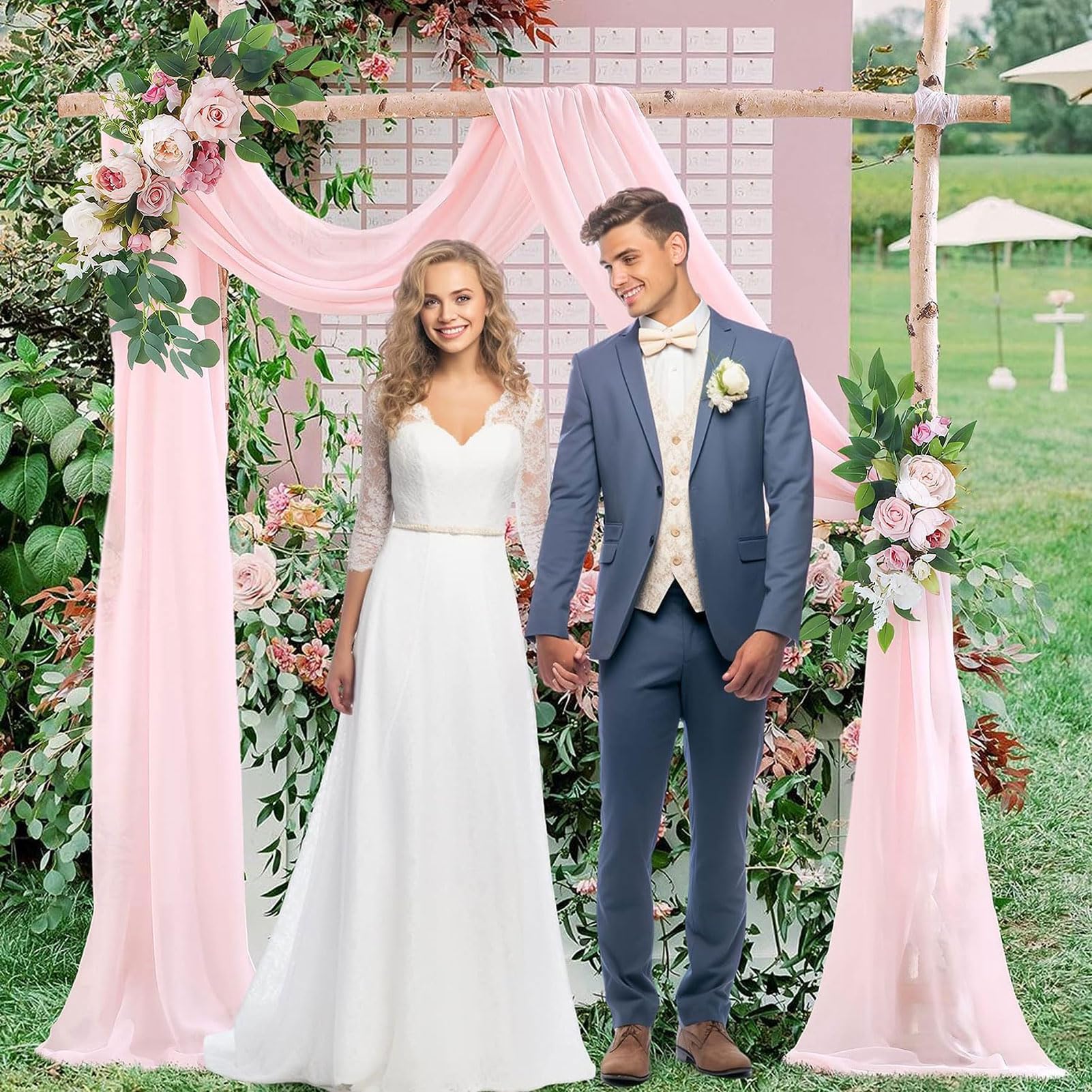 HUHJYUGE Rideau Arche de Mariage, Voilage Arche Mariage Rose, Rideau Voilage Tulle Suspendue, Tulle Elégant Transparent Cantonnières, pour Photographie, Mariage, Fête (1 400cm)
