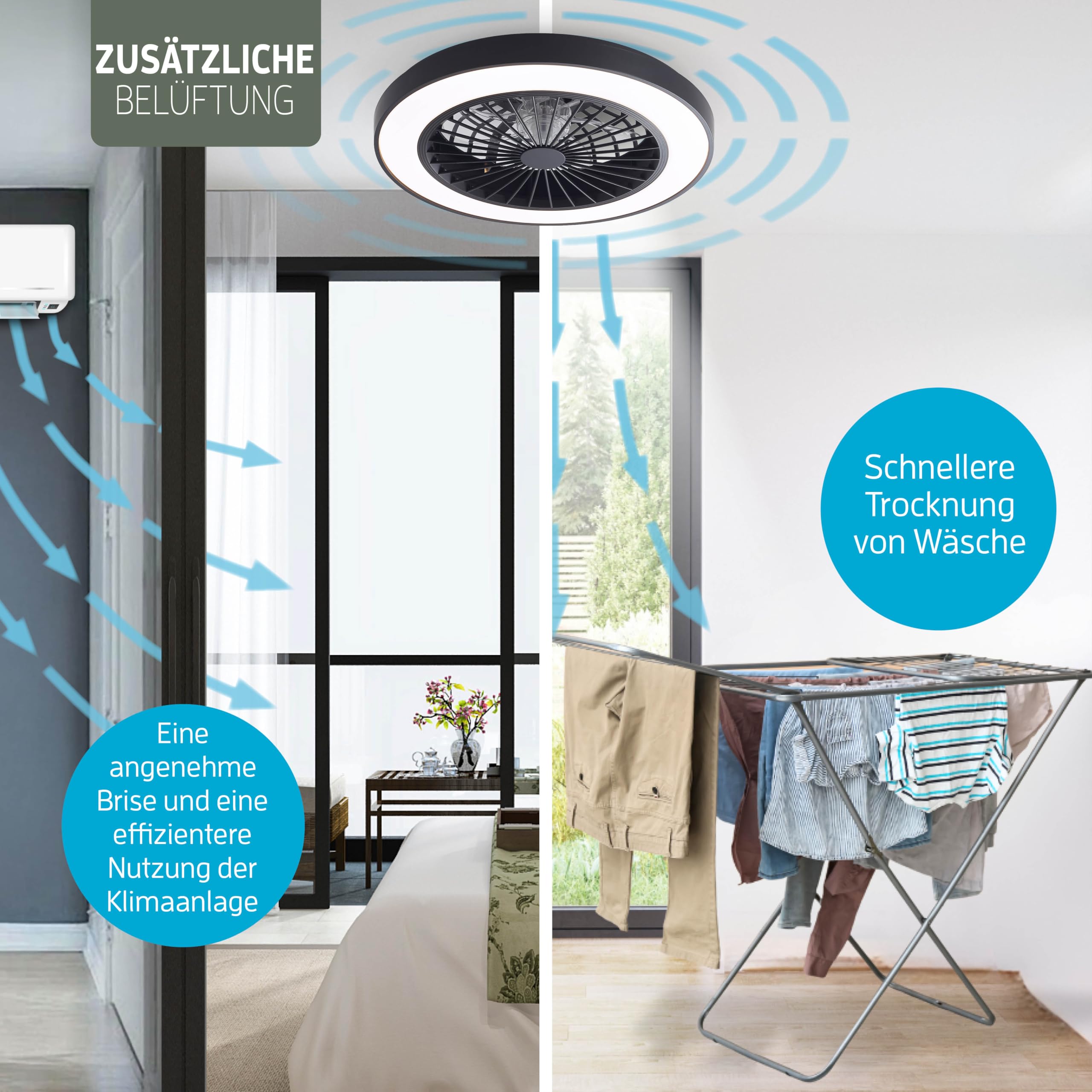 Varin® Smart Deckenventilator mit Beleuchtung, Ø 50 cm - Schwarz/Schwarz | Deckenlampe mit Ventilator Schlafzimmer, Tuya WLAN, LED 30W RGBW, Ventilator Leise , Fernbedienung, 3000K bis 6000K
