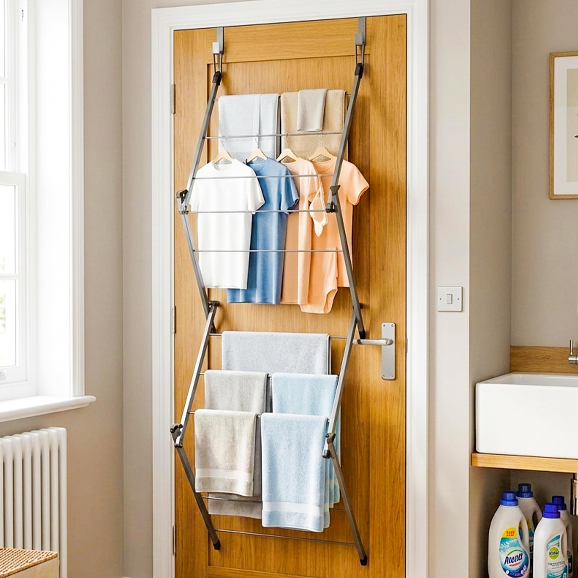Ur Choice Grey Over Door Clothes Airer, Foldable Indoor Drying Rack Laundry, Space Saving Clothes Horse Indoor, Door Hanging Clothes Drying Rack With Washing Line Capacity