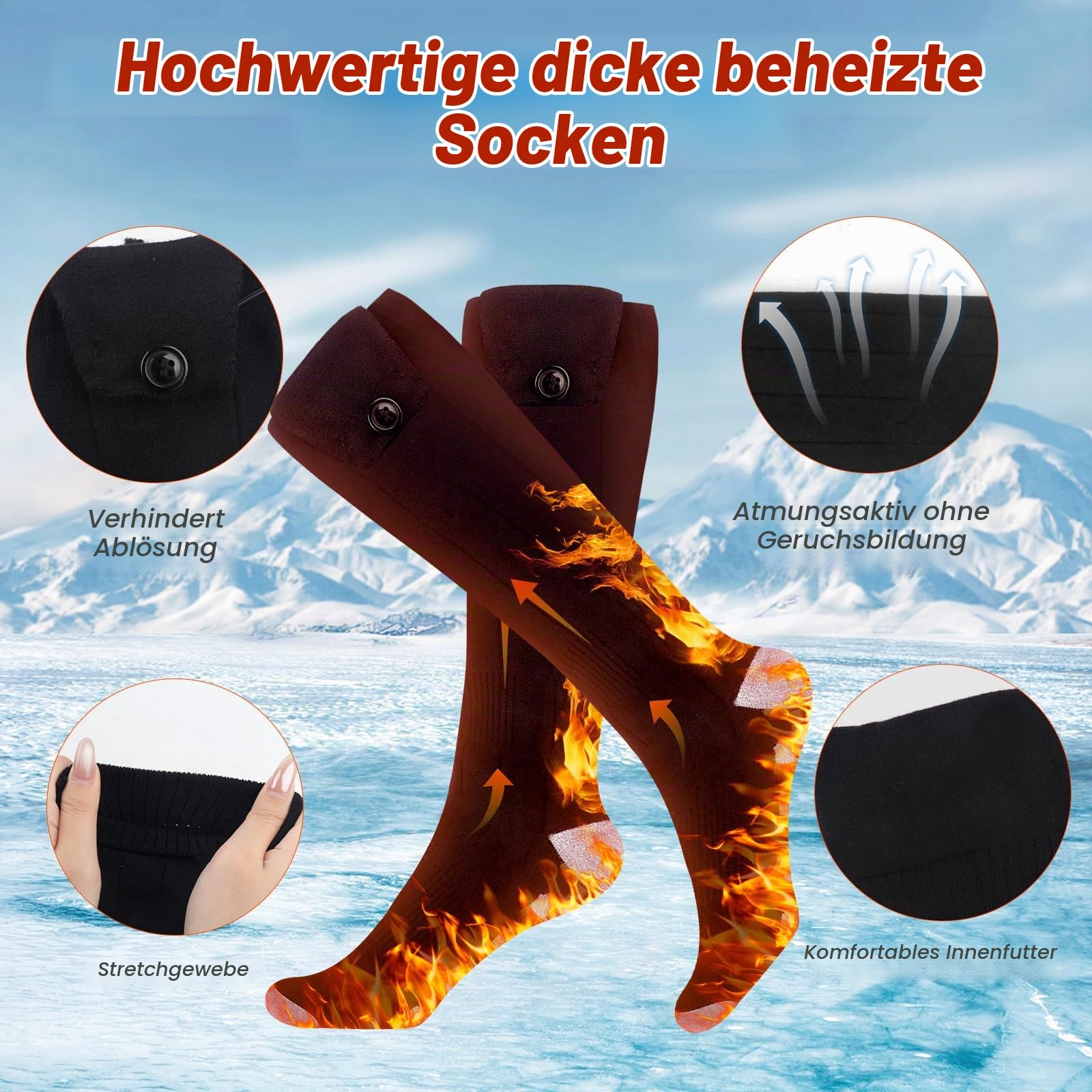 Beheizbare Socken, Beheizte Socken Damen Herren, 5000mAh Akku Wiederaufladbare Heizsocken 70℃ Fußwärmer für Außen Innen mit 4 Einstellbarer Temperatur für Winter Camping Jagd Skifahren Reiten