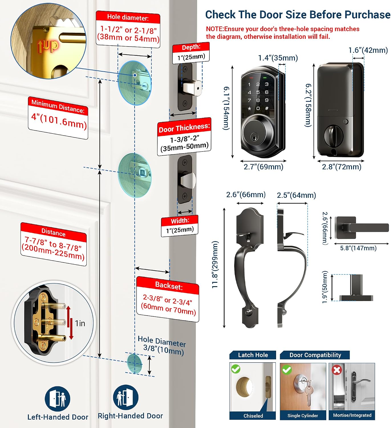  VE06-H Smart Front Door Lock Handle Set, App Control, Matte Black thumbnail