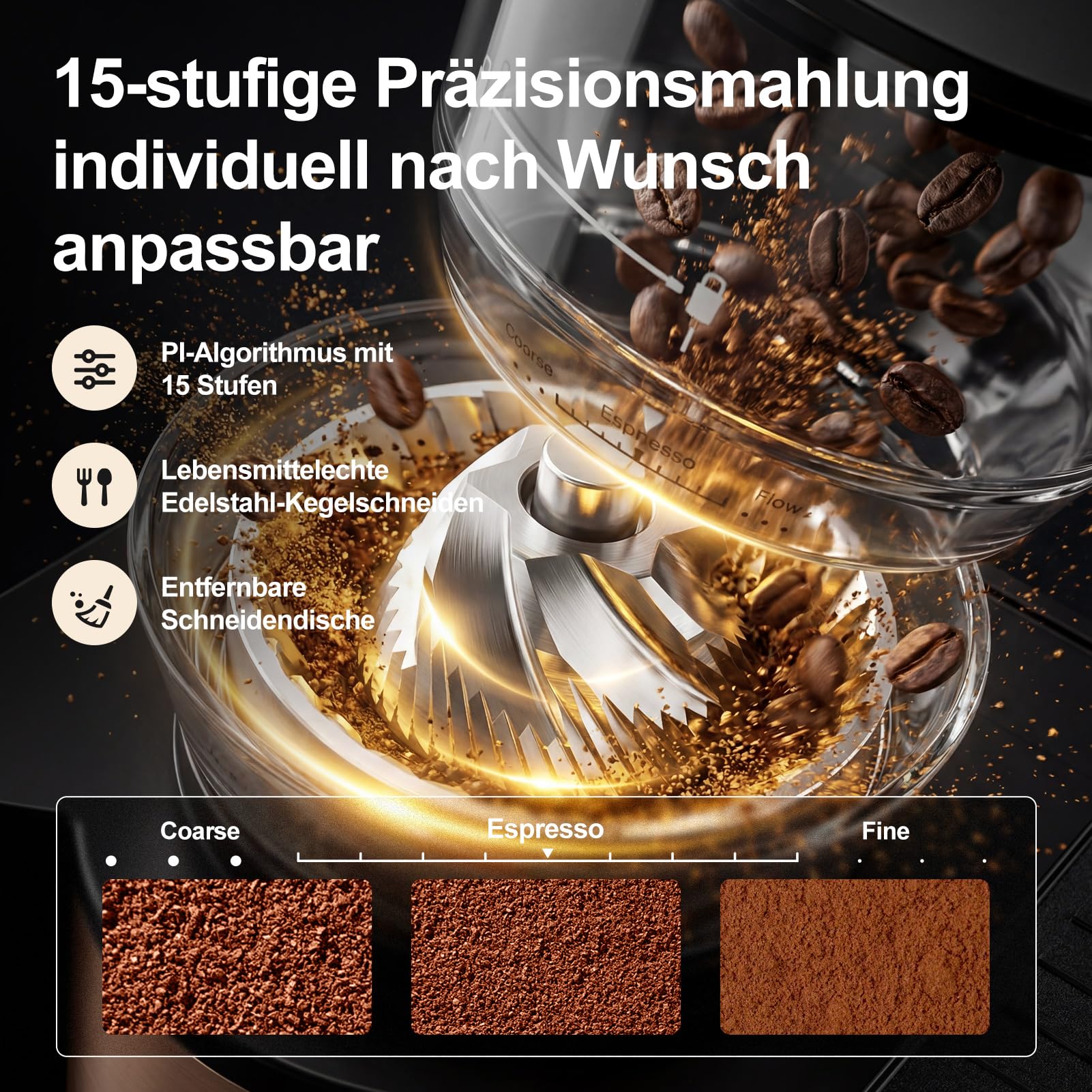 Tjean Barista Senso Doppelboiler Siebträgermaschine mit Mahlwerk und Manuellem Milchschäumer,3-in-1 Dampf-Espressomaschinen,20 Bar ital. Drucksystem,2,8L Wassertank (Grau-Gold)