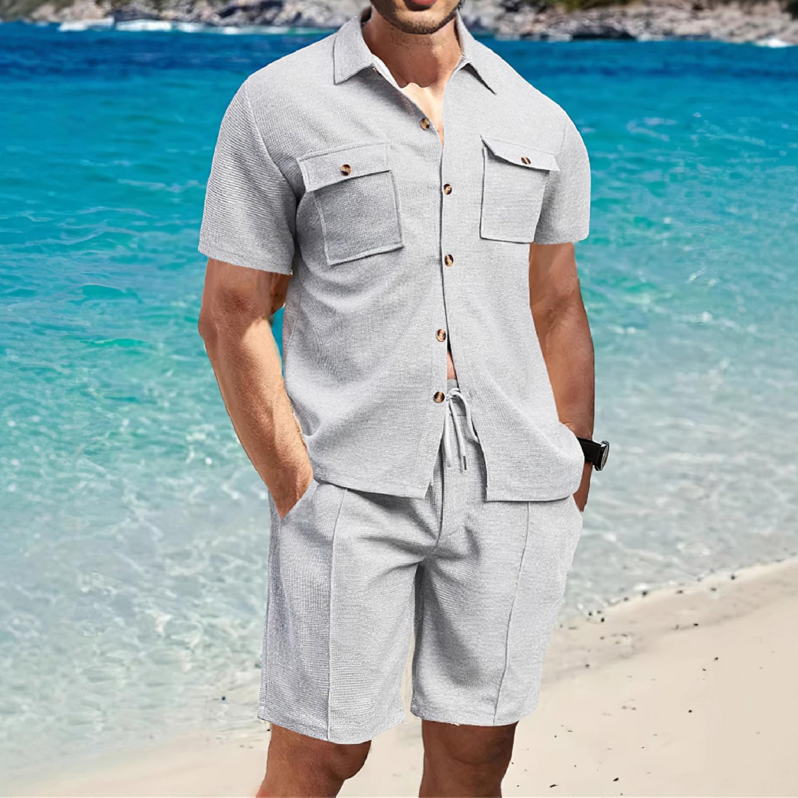 amropi Hombre Corto Chándal de Deportivo Cuadros Manga Corta Camisa de Botón y Shorts Verano 2 Piezas Conjunto