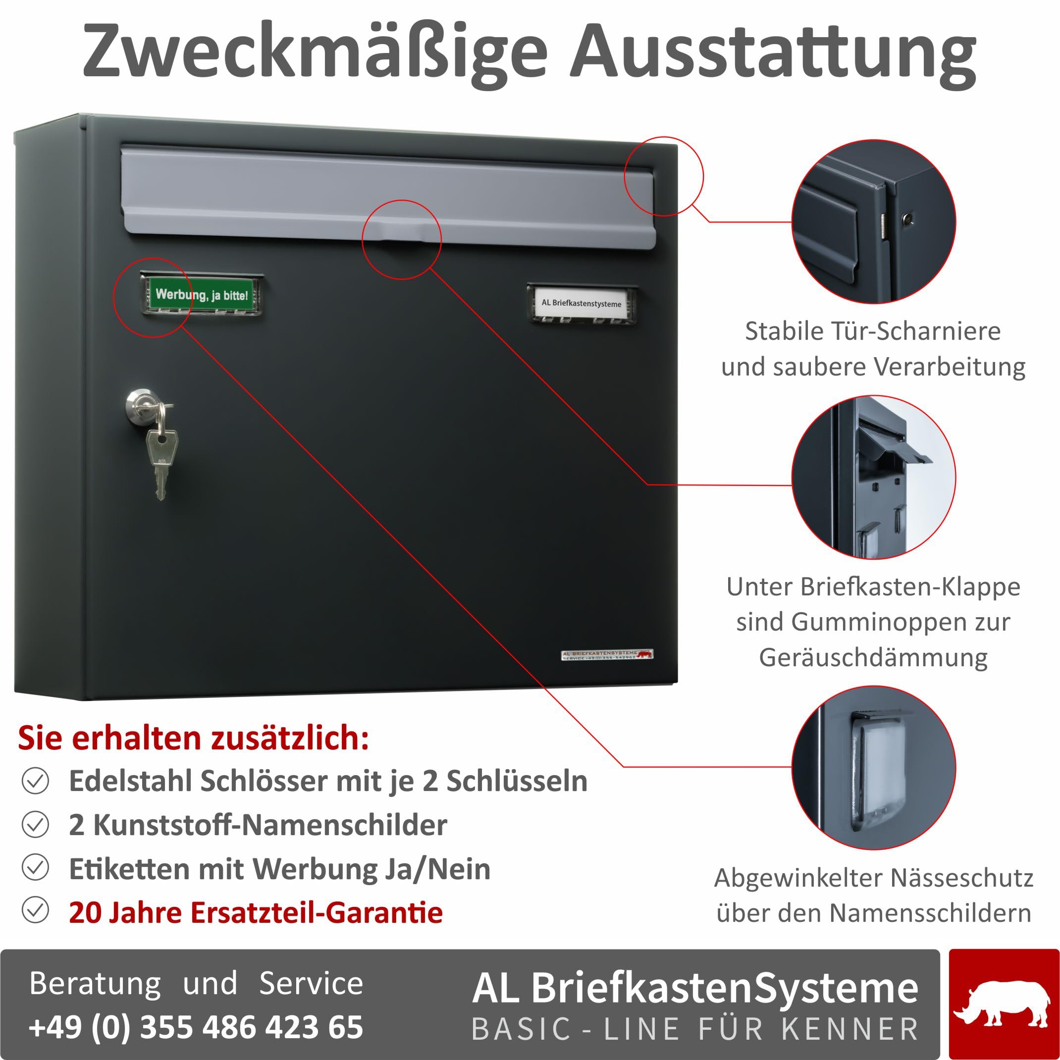 AL Briefkastensysteme Basic 10er Briefkasten RAL 7016 Anthrazit Grau/Einwurfklappe RAL 9006 Weiß Aluminium 10 Fach DIN A4 wetterfest mit Posthaltebügel und 2 Namensschildern