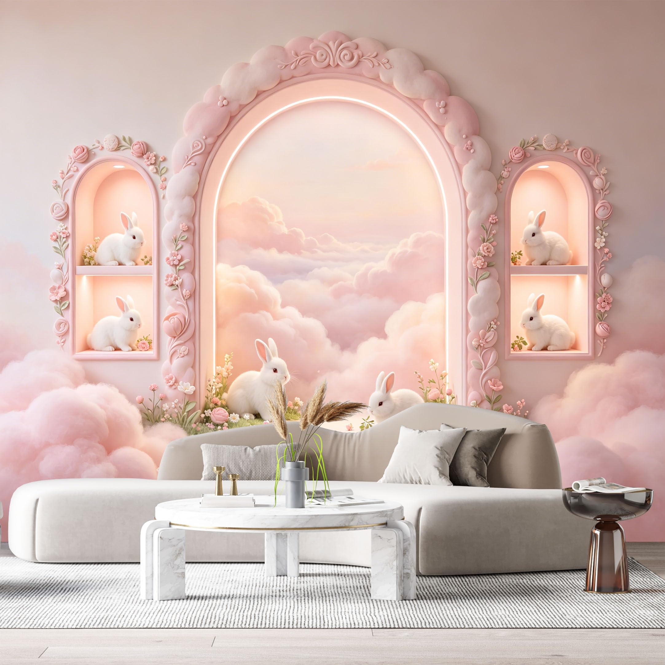 Custom Size Wall Murals Pink Cloud Rabbit Archway 3D Trompe L'Oeil SelfAdhesiveWall Fabric Removable Wallpaper Wall Decor for Living Room Bedroom Bathroom