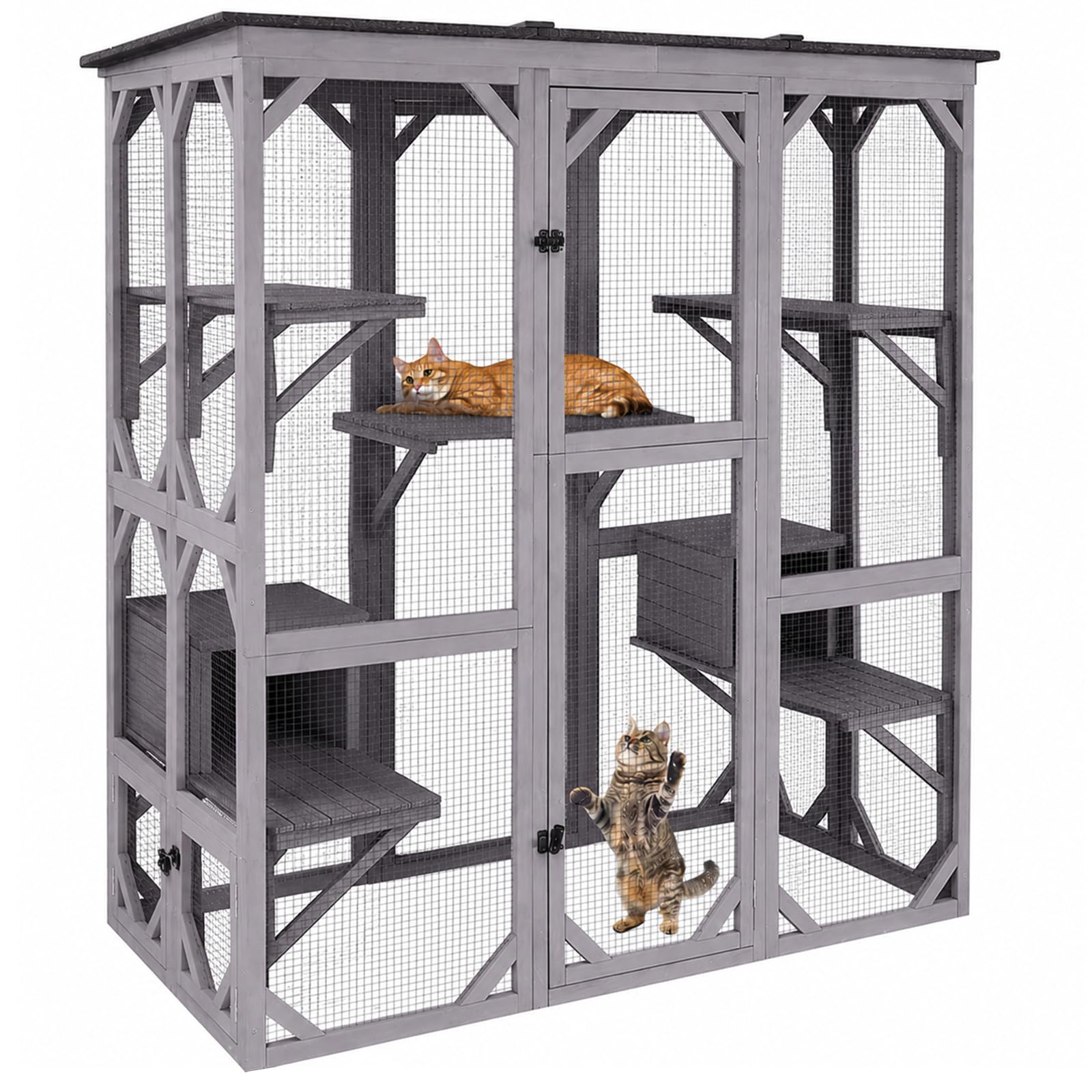 Aivituvin Cat House Window Outdoor Catio Cat Enclosures with 5 Platforms, 2 Resting Boxes Large Walk in Kitty House with Weatherproof Tarp Roof, 71.1" L x 34.6" W x 70.8" H Grey