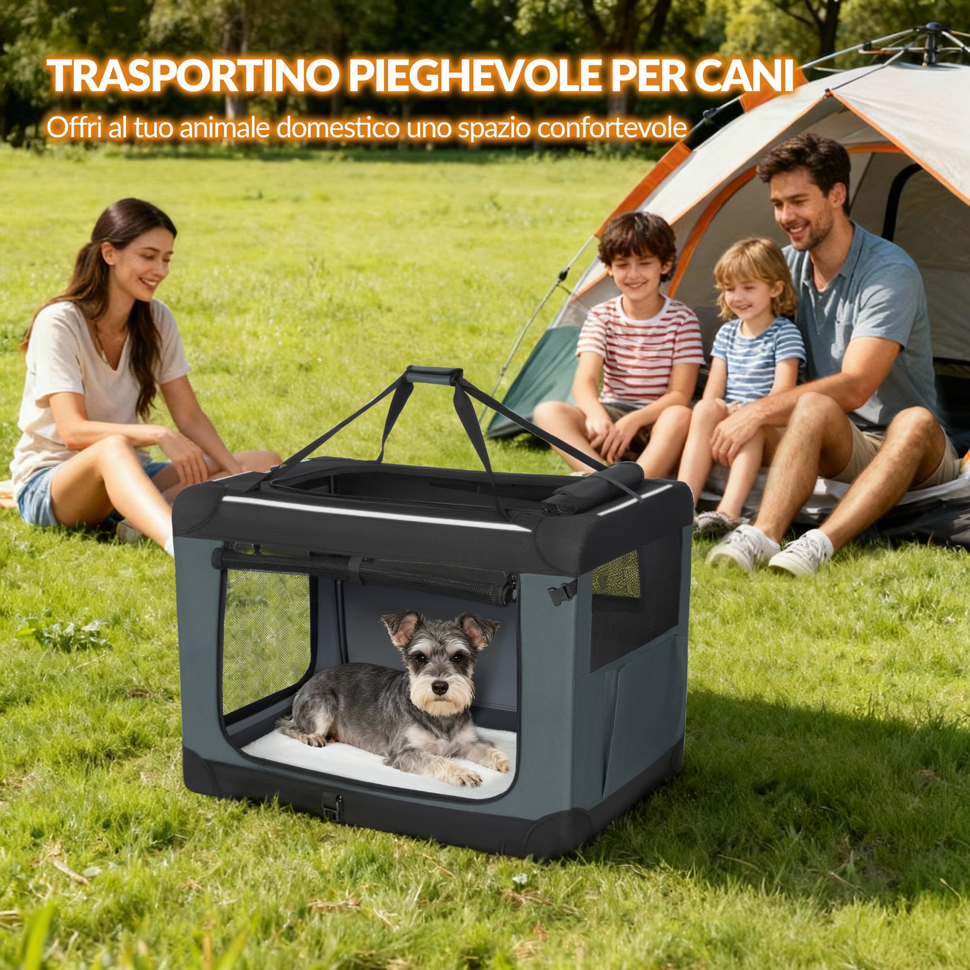 Trasportino Pieghevole per Cani, Trasportino da Viaggio Portatile e Traspirante a 3 Porte con Rifiniture Riflettenti e Tasca Laterale, Uso Interno ed Esterno, Grigio, 60 x 42 x 42 cm