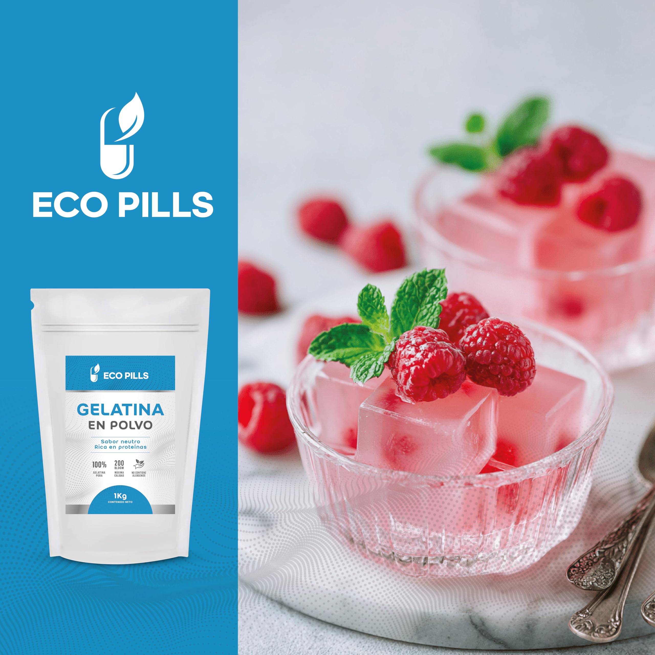 Gelatina en Polvo 1 kg, Sin Sabor, 220 Bloom, 100% Pura, Alta en Proteínas, Fácil de Disolver, Ideal para Repostería, Postres, Batidos, Caldos y Sopas (1Kg)