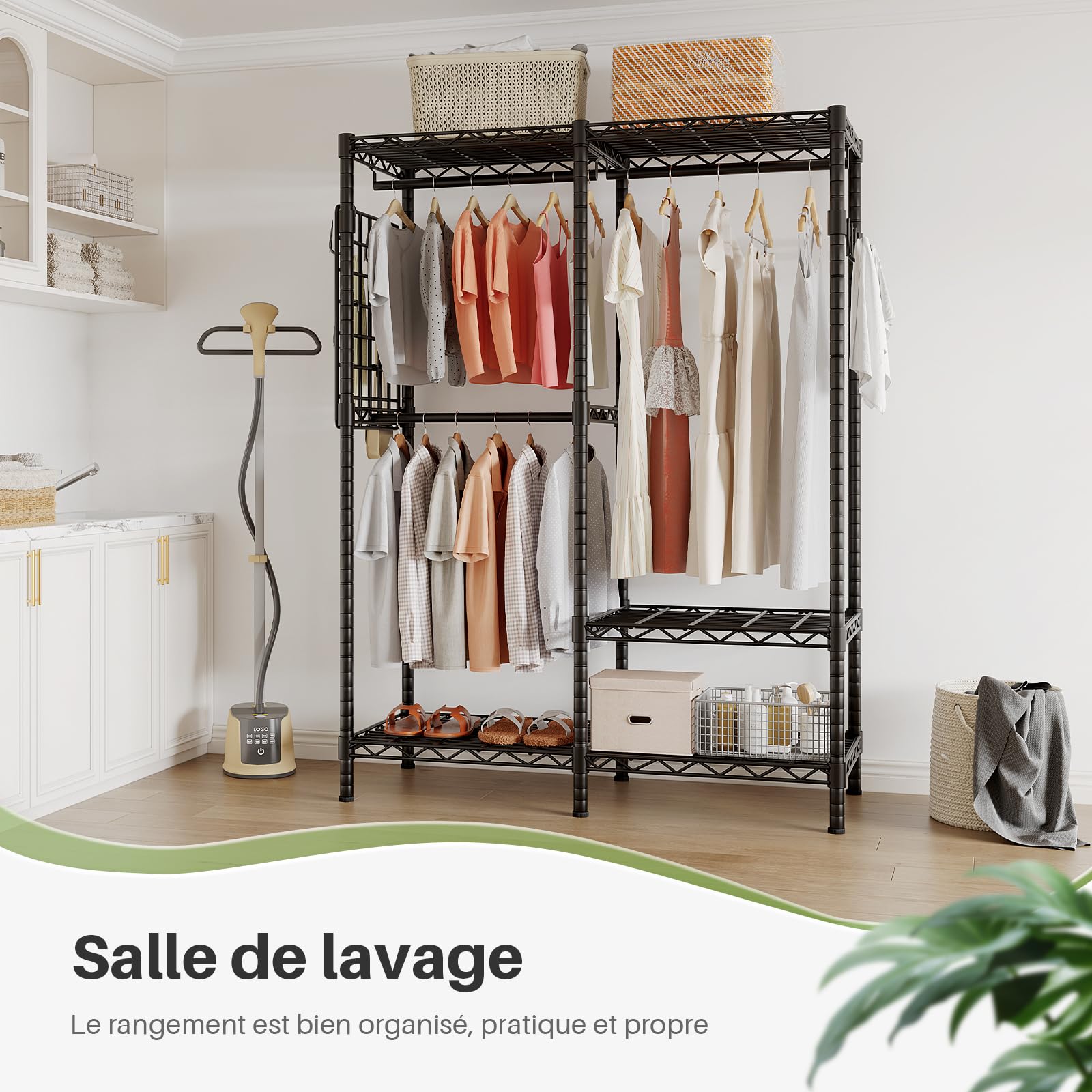 Penderie Portable HOKEEPER – 6 étagères Réglables, Charge 725 Kg | 177x43x193,5 Cm | Idéale Dressing, Buanderie, Noir