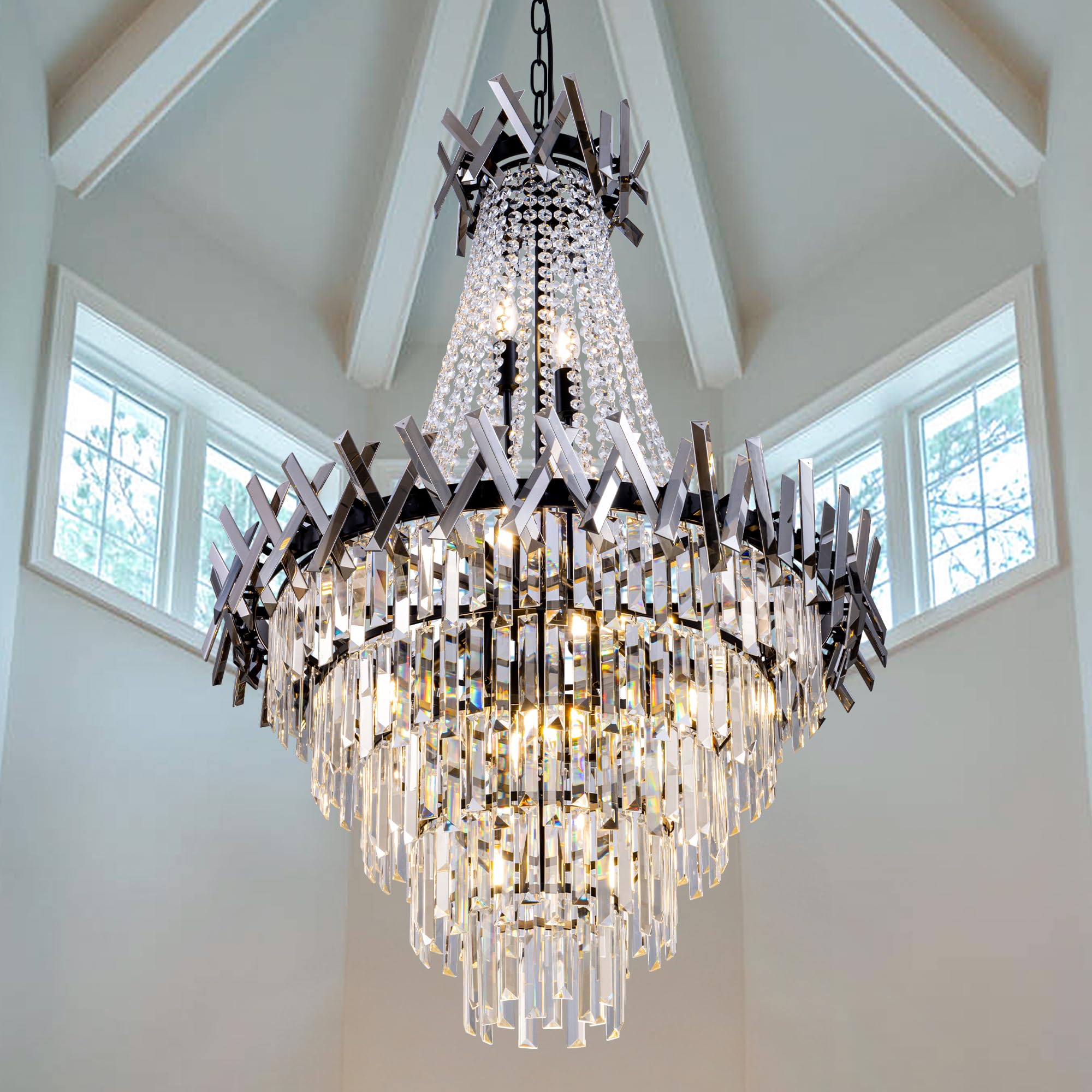 TOCHIC Modern Chandelier, Large Black Crystal Chandelier for