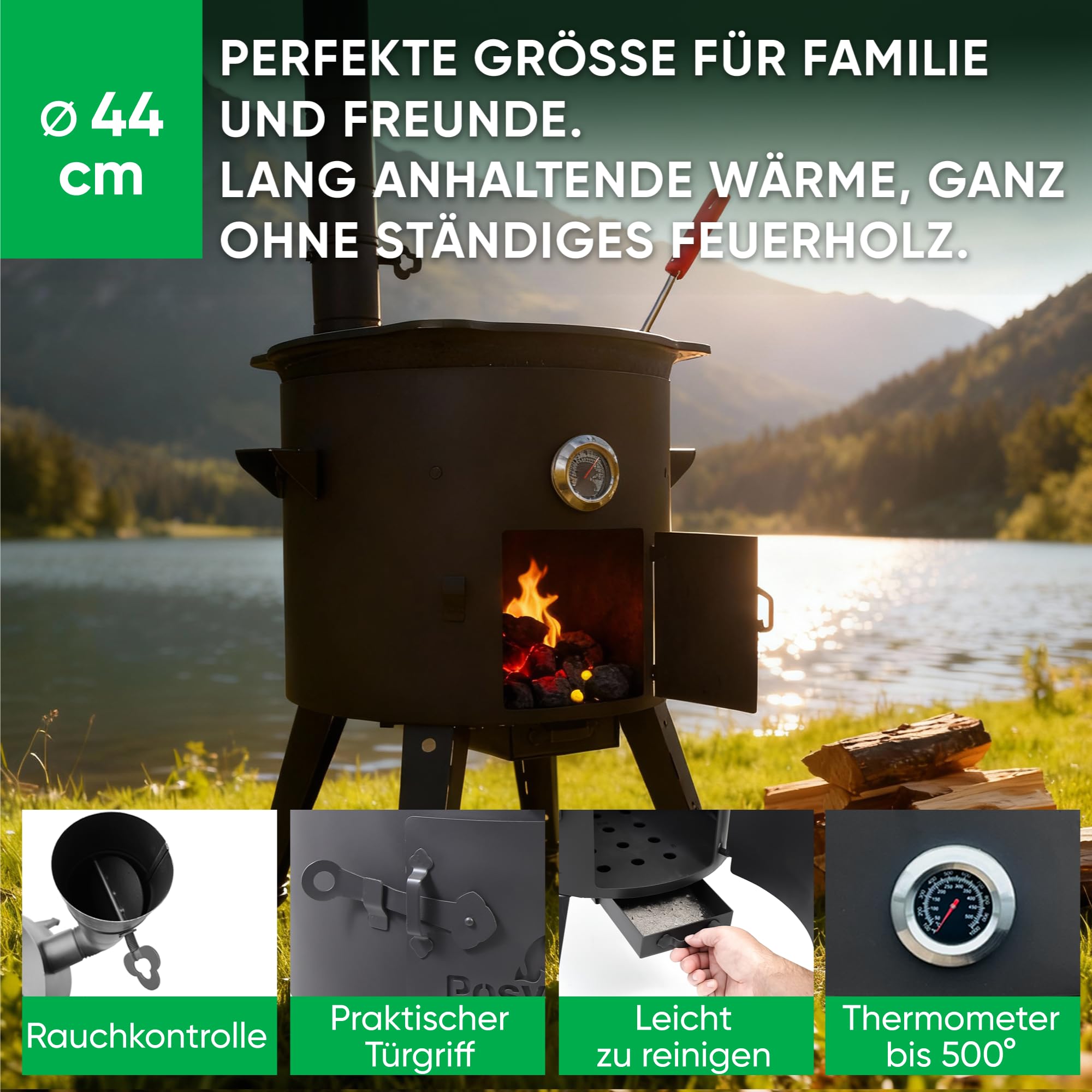 Kazan - Cuchara de hierro fundido Kazan (16 L, con estufa de fuego Utschak, diámetro de 44 cm, base redonda, para cucharón Plov, cuchara de madera, espátula Учак Учаг Uchag Asia (Set 6)