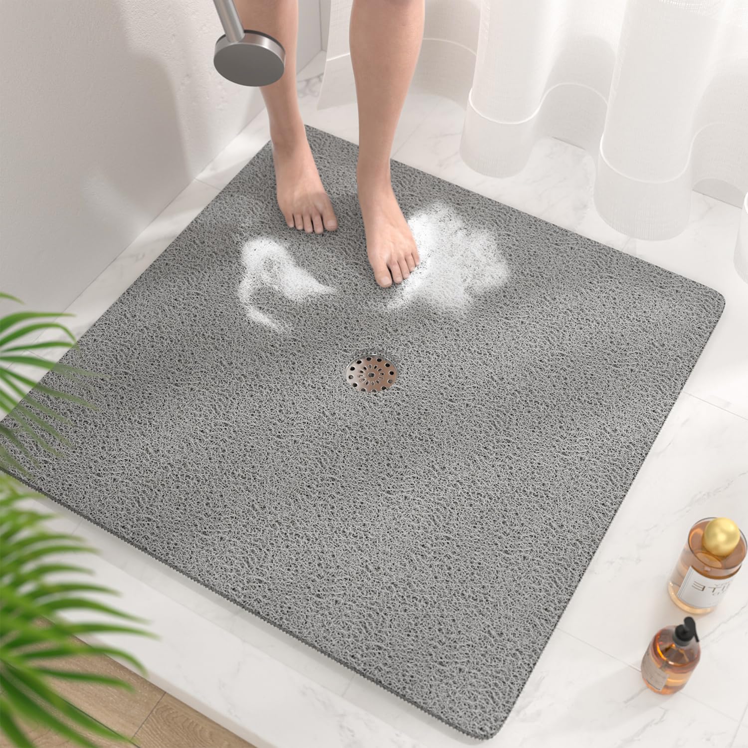 Photo 1 of HITSLAM Square Shower Mat, 36 x 36 Inch Non Slip Bath Mat for Tub, Soft PVC Loofah Bathtub Mats with Drain Holes, Quick Drying Bathroom Stall Floor Mat, Bathroom Accessories Without Suction Cup, Grey