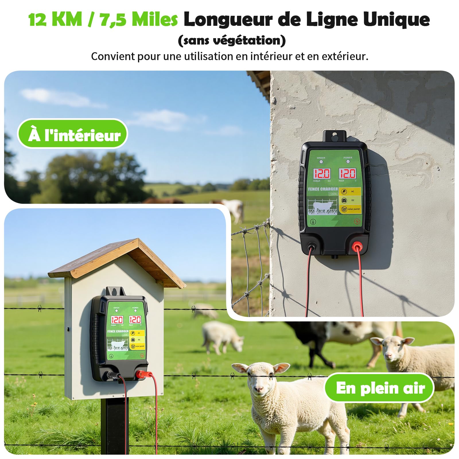 12KM Clôture Électrique pour Bétail Animaux, 12kV 3.0J Tension de Sortie Électrificateur Clôture Électrique avec Affichage LED, Protection pour Chevaux Moutons Chien Jardin Pâturages (Noir-Vert)