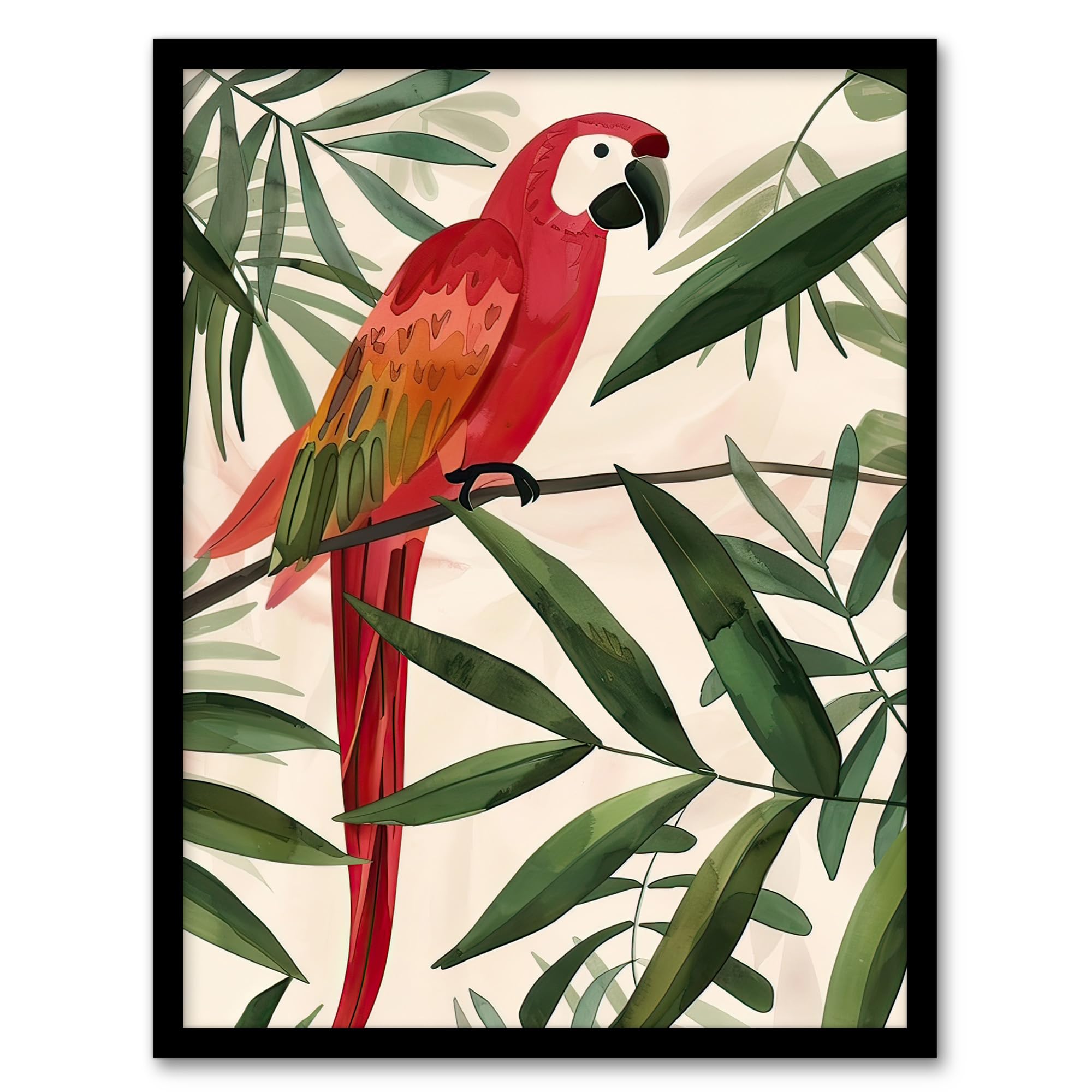 Artery8 Scarlet Macaw Parrot on Tropical Tree Branch Living Room Artwork Framed Wall Art Print 18X24 Inch