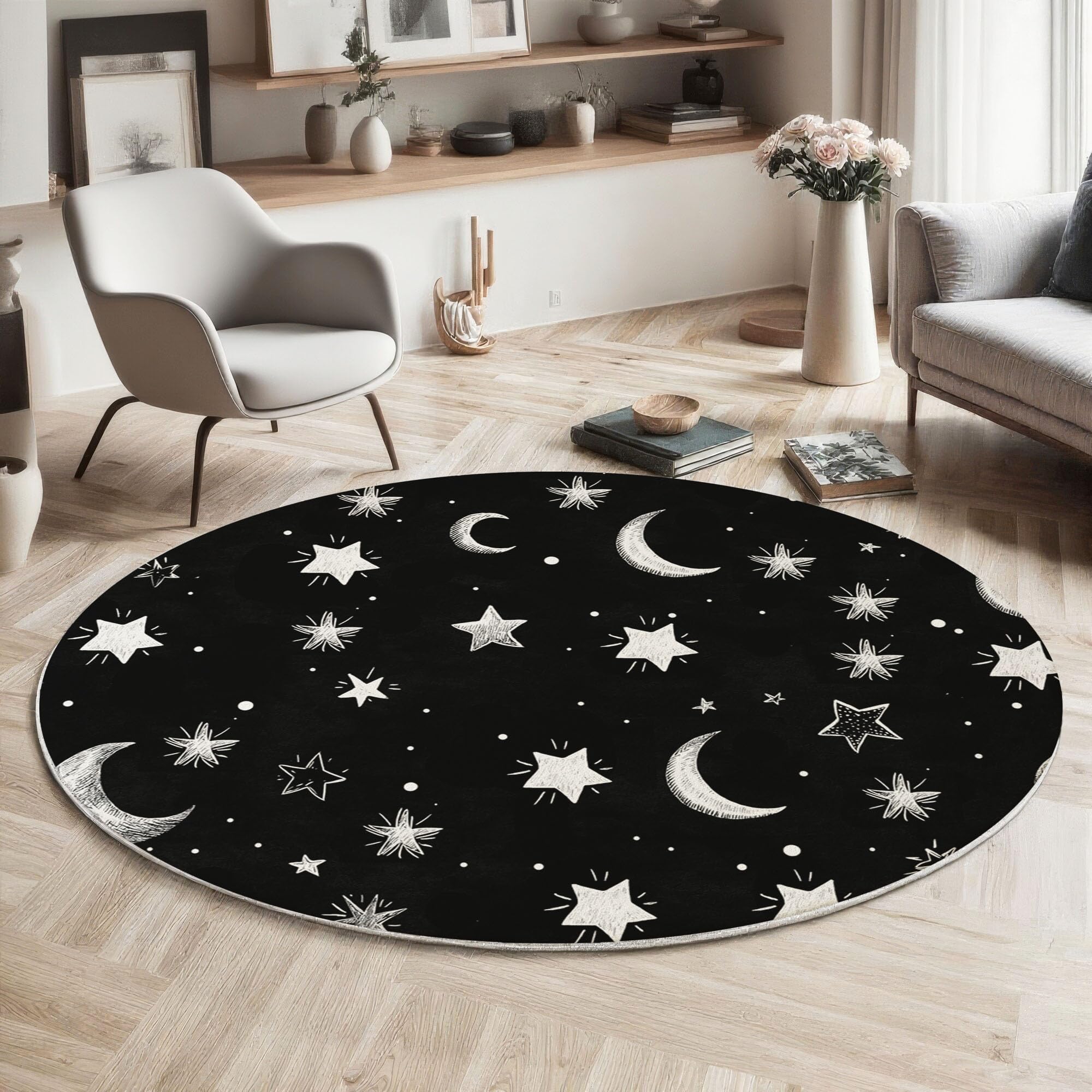 Graffitis pour Enfants Tapis Rond 200cm Lavable en Machine Antidérapant Étoiles Et Lune Ronde Carpet Descente de Lit Doux Poil Ras Carpette pour Salon Salle a Manger Bureau, Noir Et Blanc