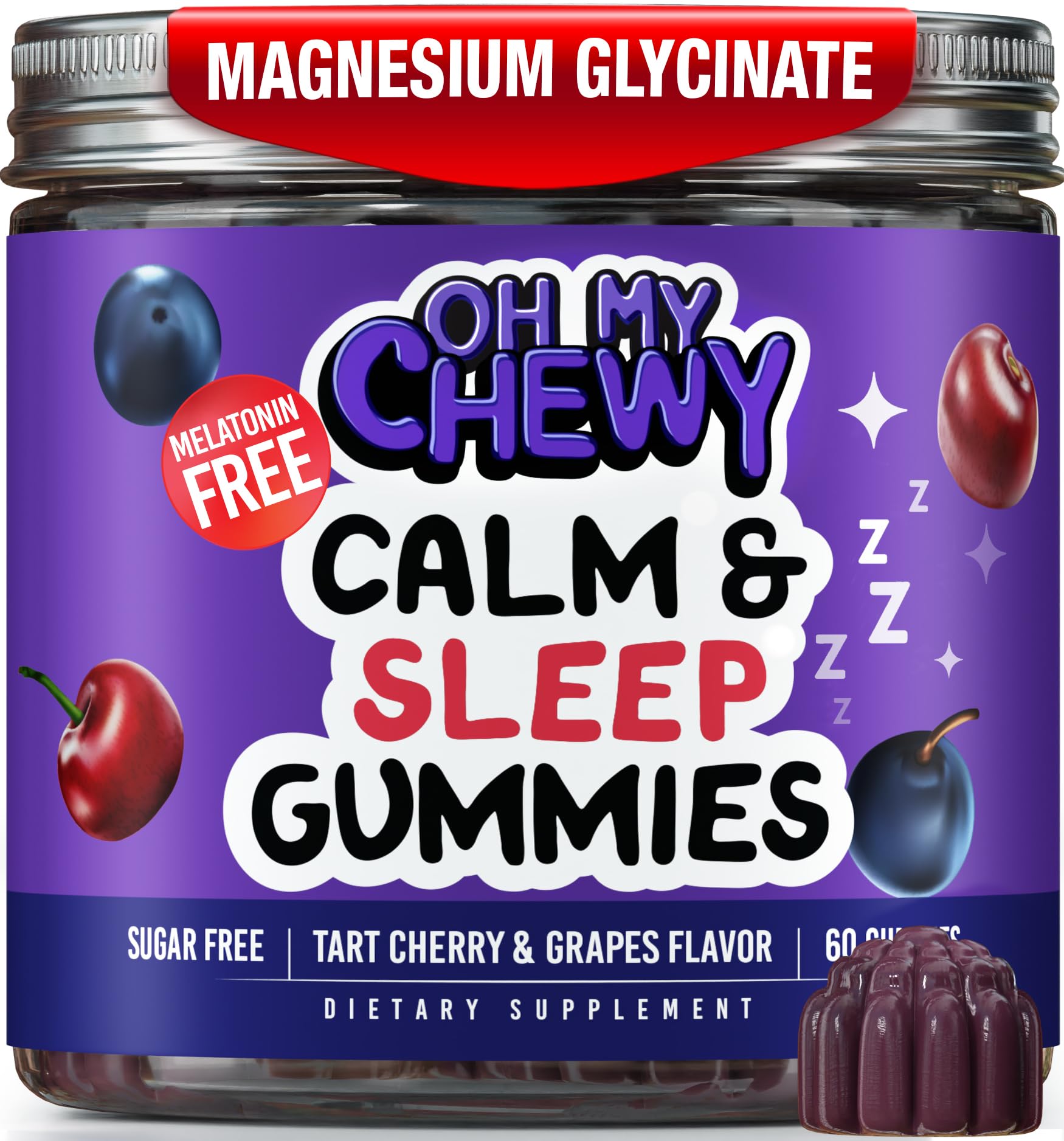 OH MY CHEWY Magnesium Glycinate Gummies for Kids & Teens - Sleep & Chillax Sugar-Free and Melatonin-Free Magnesium Supplement with Chamomile, L-Theanine and Lemon Balm - 60 Count
