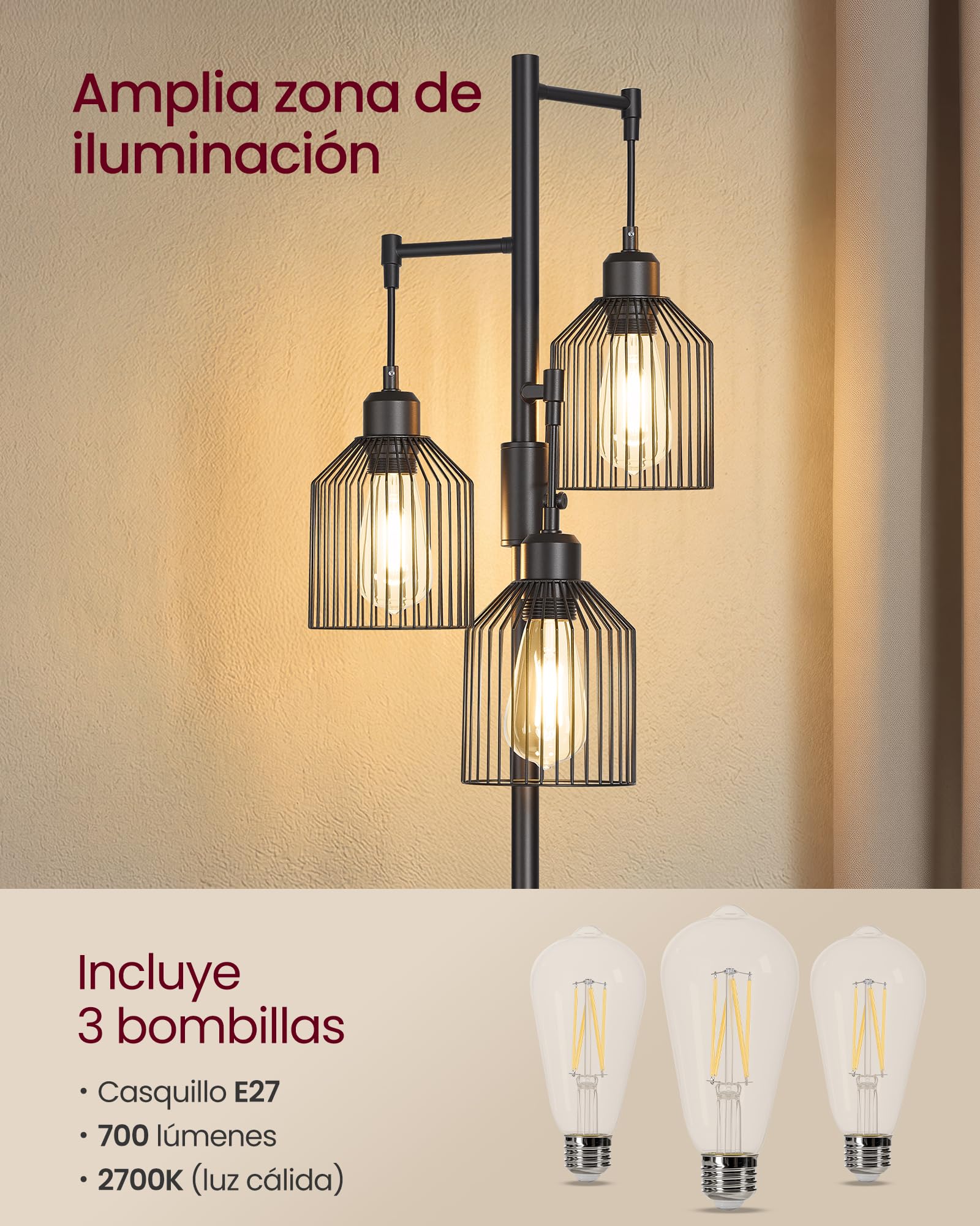 VASAGLE Lámpara de Pie, con 3 Bombillas, Brillo Ajustable, Pantalla de Metal, 3 Casquillos E27, Negro Tinta LFL013BD02