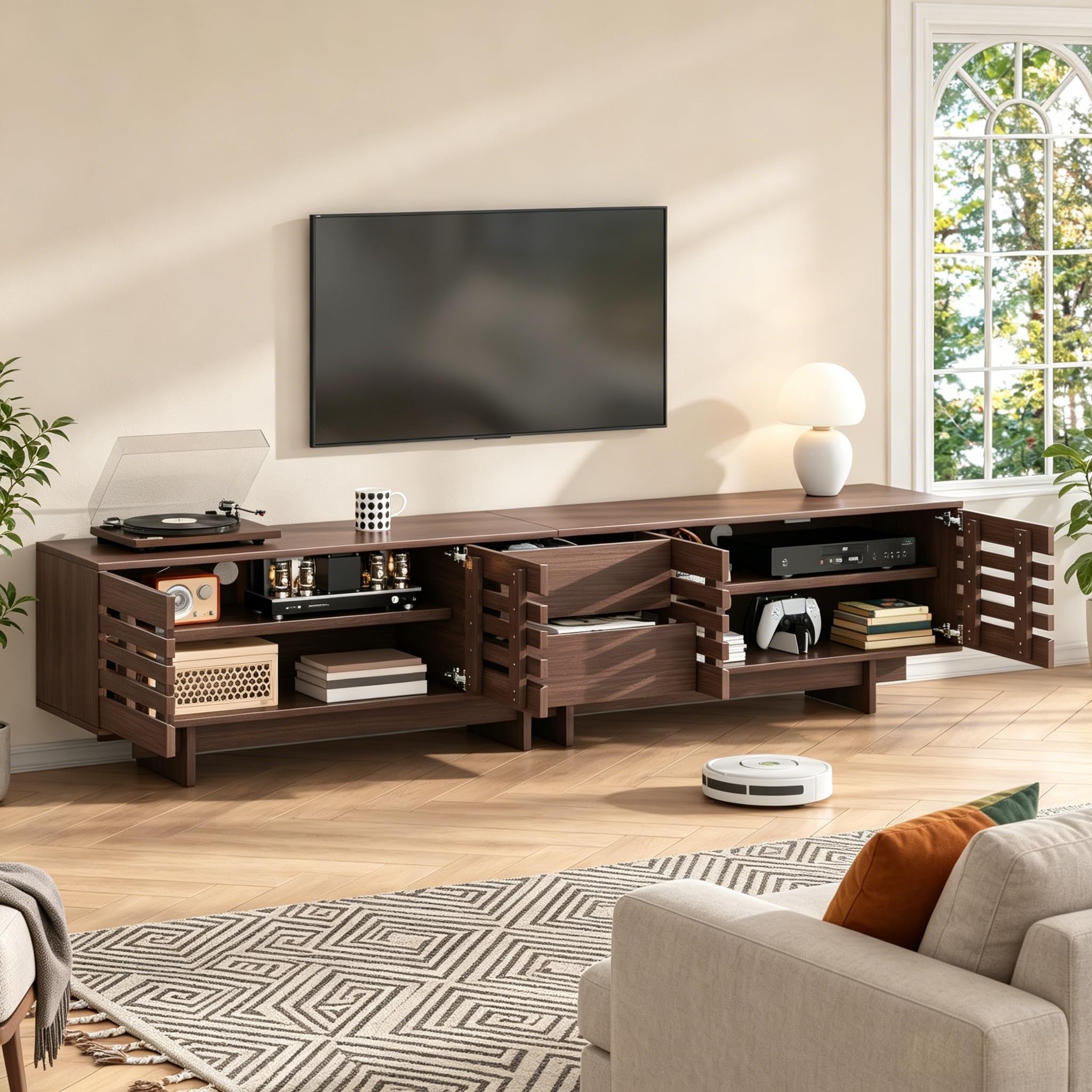 Armario para TV de 200 cm hasta 80 pulgadas, color nogal | 2 cajones, mueble bajo para TV de pie, con 6 compartimentos de almacenamiento, gestión de cables