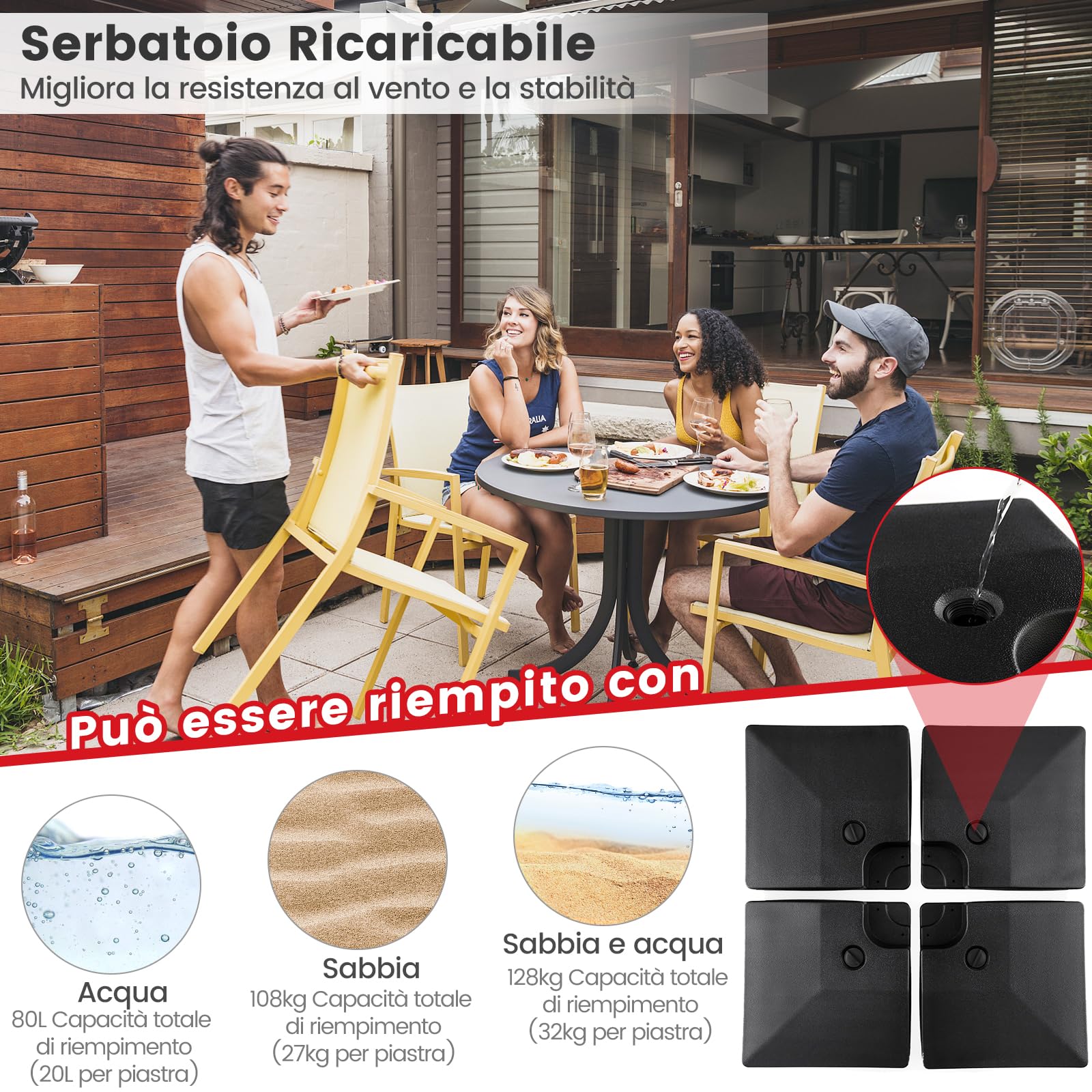 COSTWAY Base Ombrellone Riempibile a 4 Blocchi da 20 Litri, Base per Ombrellone Decentrato con Blocchi Riempibili di Acqua/Sabbia, Pesi per Ombrellone da Giardino Terrazzo Bordo Piscina, Fino 128 kg