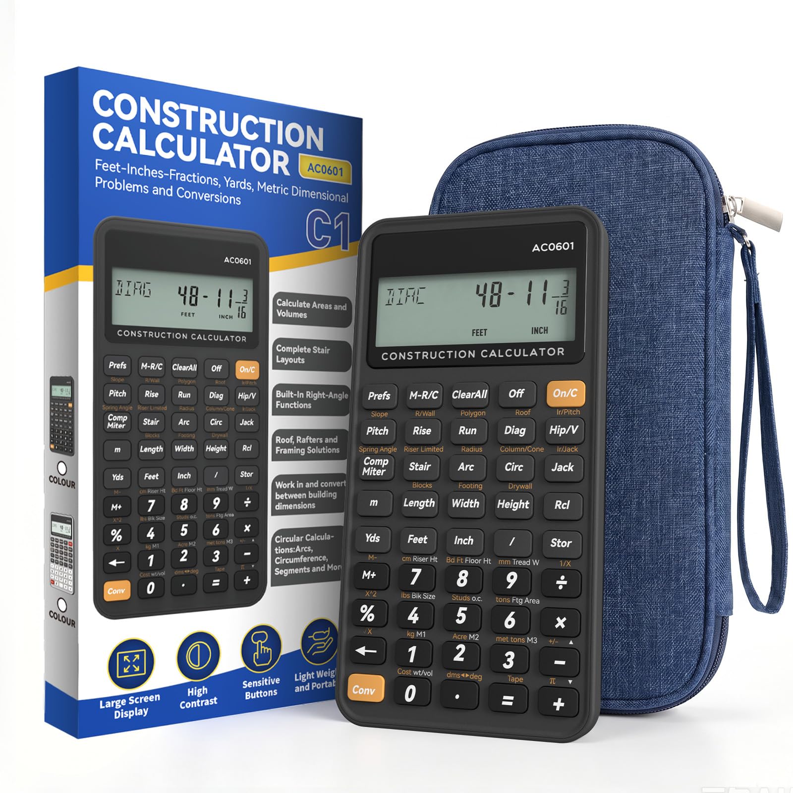 Calculadora de construcción de Escritura Industrial y científica ROATEE calculadora de ingeniería para contratistas, calculadoras de Bolsillo de pies-Pulgadas-fracción de hormigón para (Azul Oscuro)