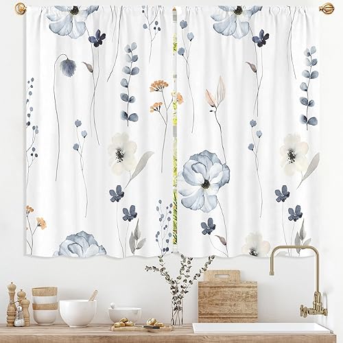 Miniatura 15 de Cortinas de cocina florales azules de 27.5 pulgadas de ancho x 39 pulgadas de largo, 2 paneles con bolsillo para barra, flores silvestres, estilo 03