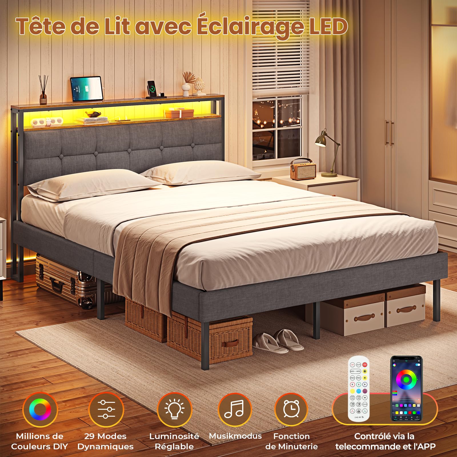 AOGLLATI Lit 2 Personnes avec Multiprise et LED Réglable,Cadre de Lit 140x190 avec Sommier Métal,Capitonnée en Lin Gris, sans Matelas