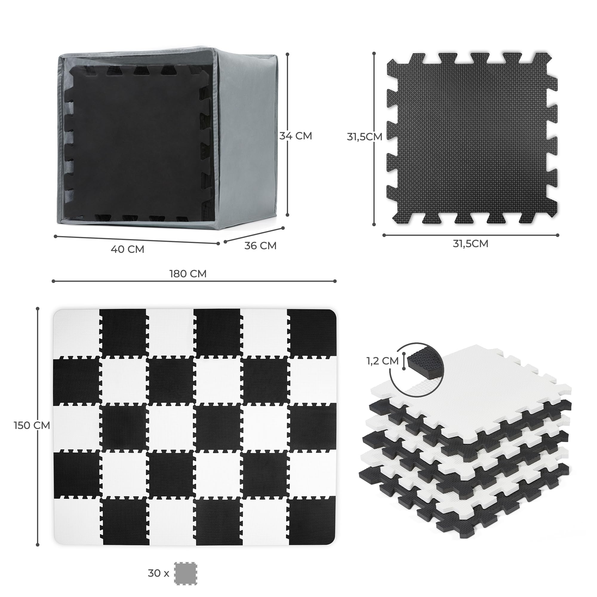 Kinderkraft Mata piankowa LUNO, Wielofunkcyjna, Puzzle 30 elementów, Wodoodporna, Izolacja od podłogi, Antypoślizgowa powierzchnia, Łatwe czyszczenie, Torba do transportu w zestawie, Czarno Biały