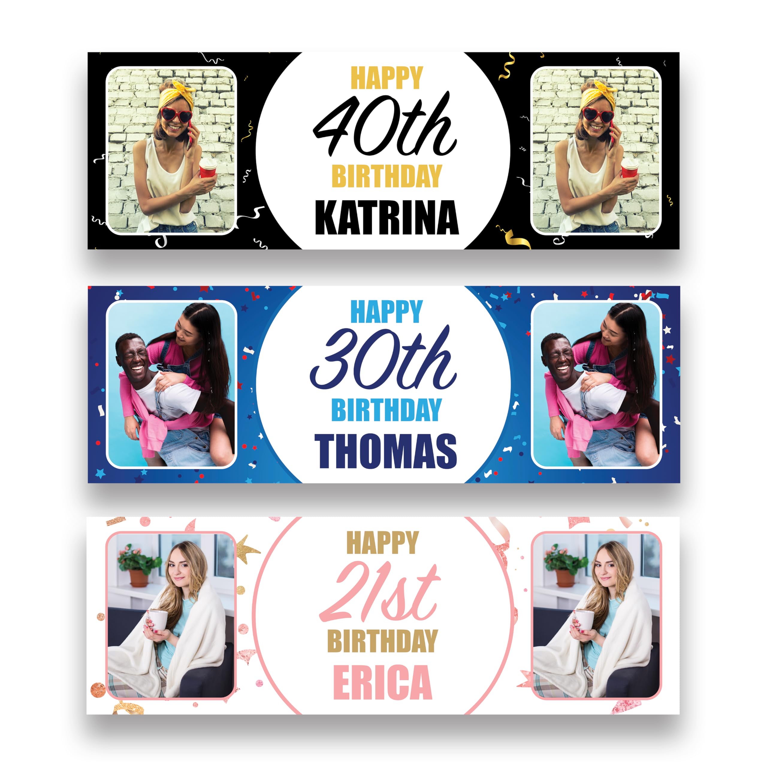 Personalised Birthday Banner with Name, Age & Photos – Custom Birthday Party Banner for Boys, Girls, Adults – 3ft or 6ft – Blue, Black or Rose Gold Confetti – Indoor Wall Decoration